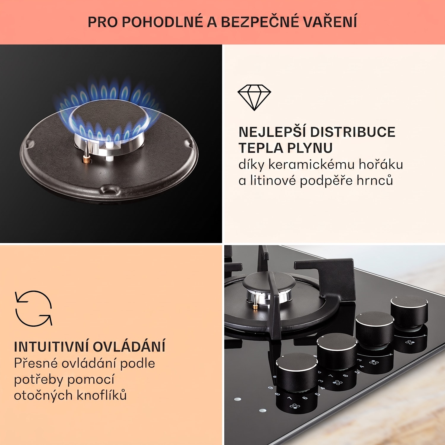 MultiChef 4, kombinovaná varná deska, plyn a sklokeramika, 4 zóny 60 cm | Plynová a sklokeramická varná deska | Černá
