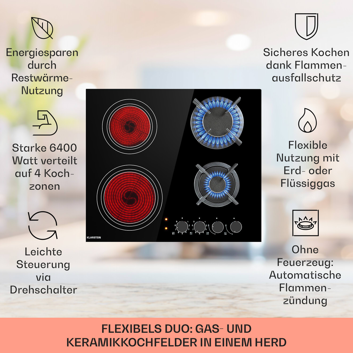 MultiChef 4 Piano cottura combinato gas/vetroceramica 4 zone 60 cm | Piano cottura a gas + vetroceramica | Nero