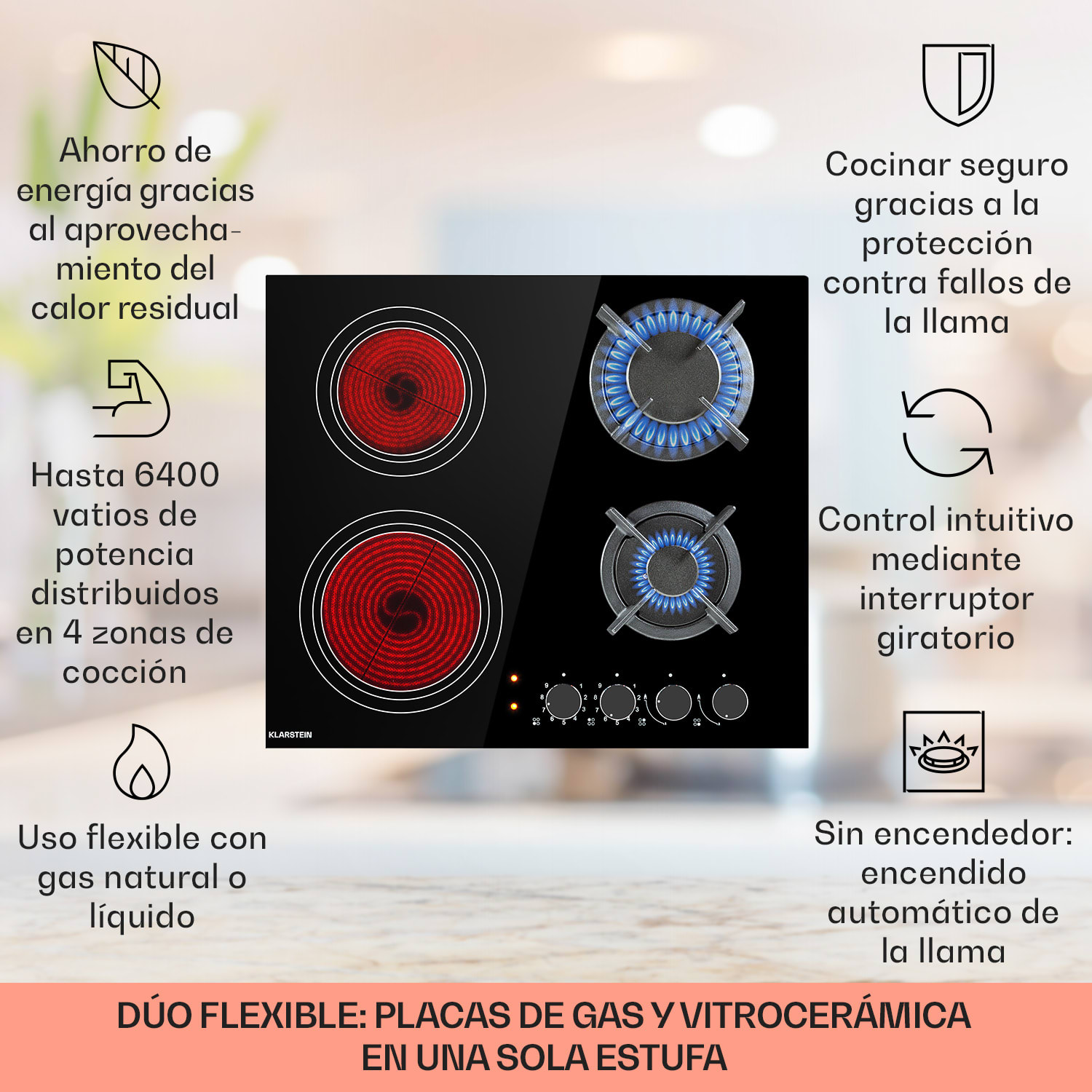 MultiChef 4 Placa de gas combinada Gas/vitrocerámica 4 zonas 60 cm | Placa de gas y vitrocerámica | Negro