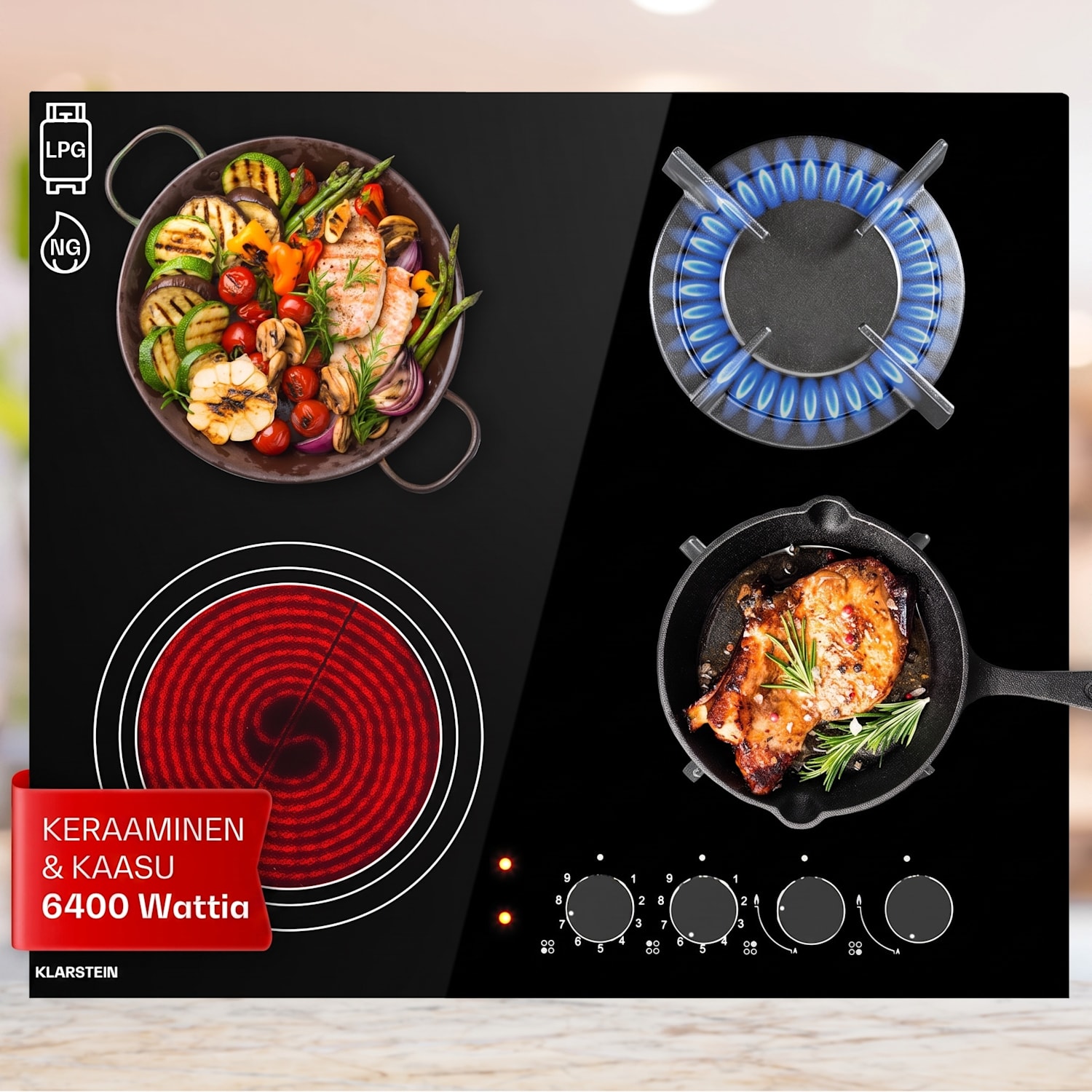 MultiChef 4 -yhdistelmäkaasuliesi kaasu/lasikeramiikka 4 aluetta 60 cm | Kaasu- ja keraaminen liesitaso | Musta