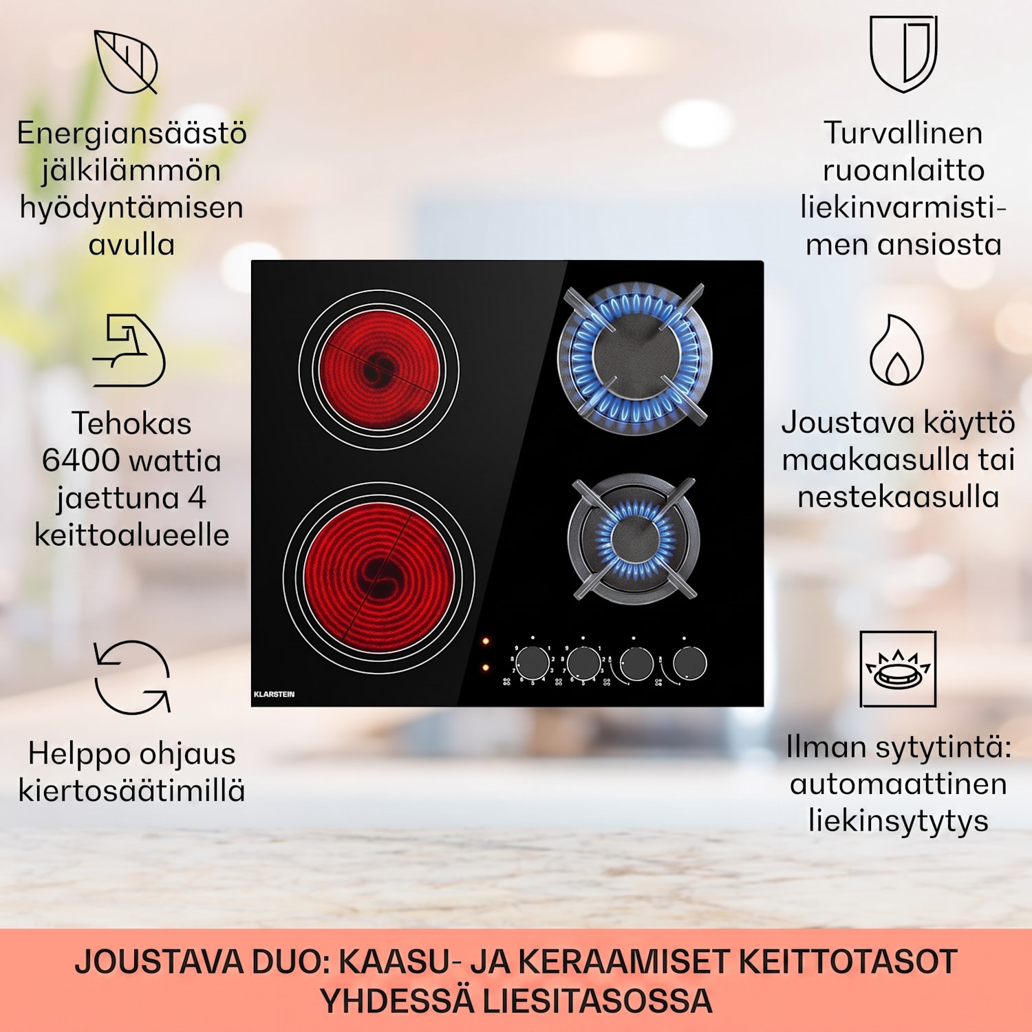 MultiChef 4 -yhdistelmäkaasuliesi kaasu/lasikeramiikka 4 aluetta 60 cm | Kaasu- ja keraaminen liesitaso | Musta