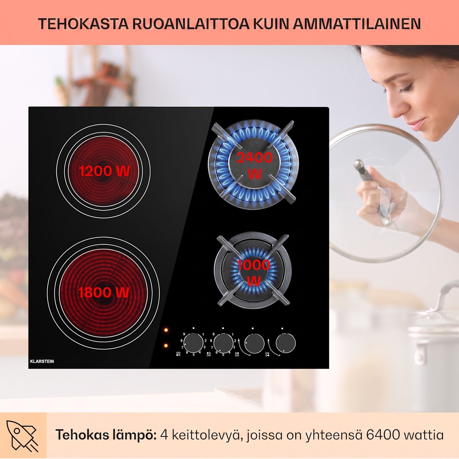 MultiChef 4 -yhdistelmäkaasuliesi kaasu/lasikeramiikka 4 aluetta 60 cm | Kaasu- ja keraaminen liesitaso | Musta