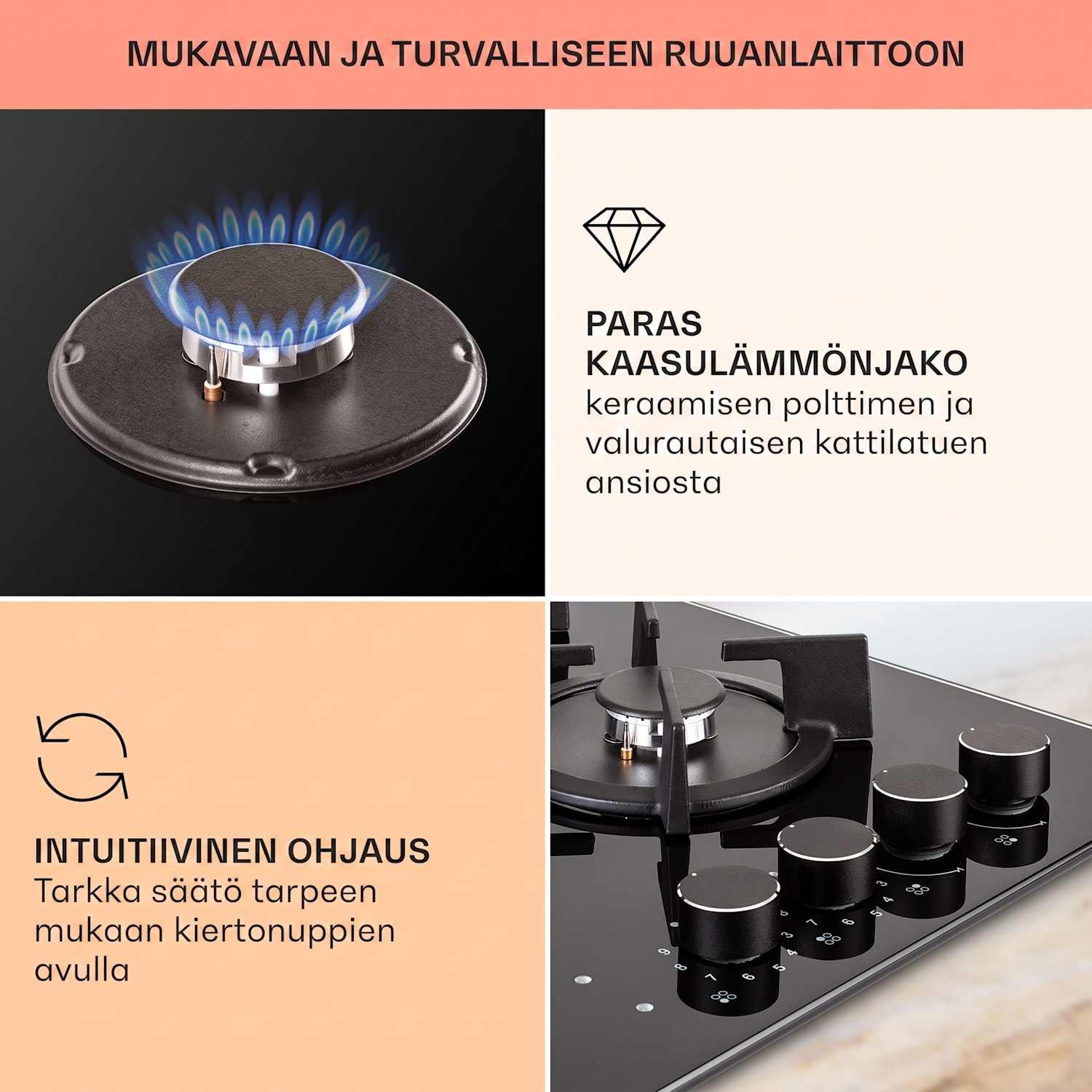 MultiChef 4 -yhdistelmäkaasuliesi kaasu/lasikeramiikka 4 aluetta 60 cm | Kaasu- ja keraaminen liesitaso | Musta