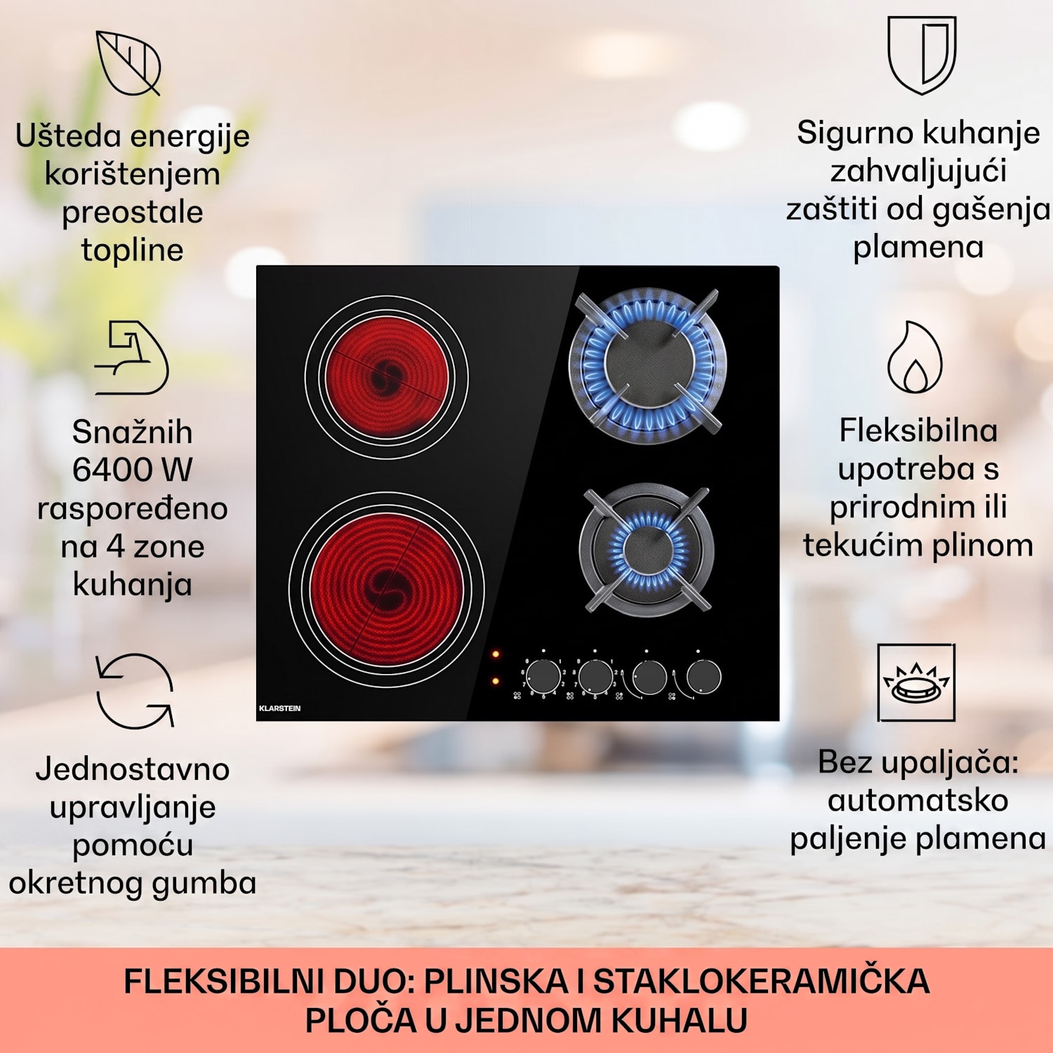 MultiChef 4, kombinirana plinska ploča, plinsko / staklokeramička, 4 zona 60 cm | Plinska i staklokeramička ploča | Crna