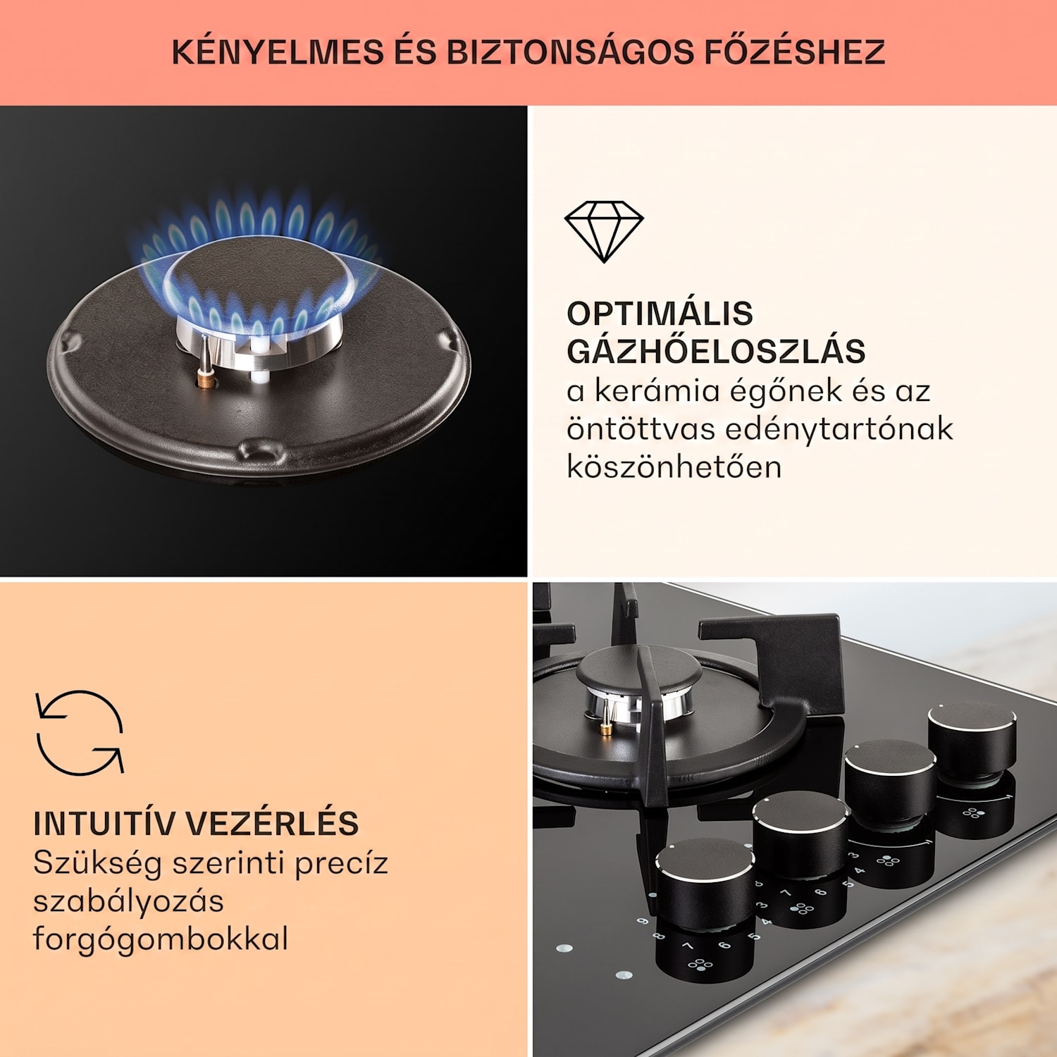 MultiChef 4, kombinált gázfőzőlap, 4 zóna, gáz / üvegkerámia 60 cm | Gáz + kerámia főzőlap | Fekete