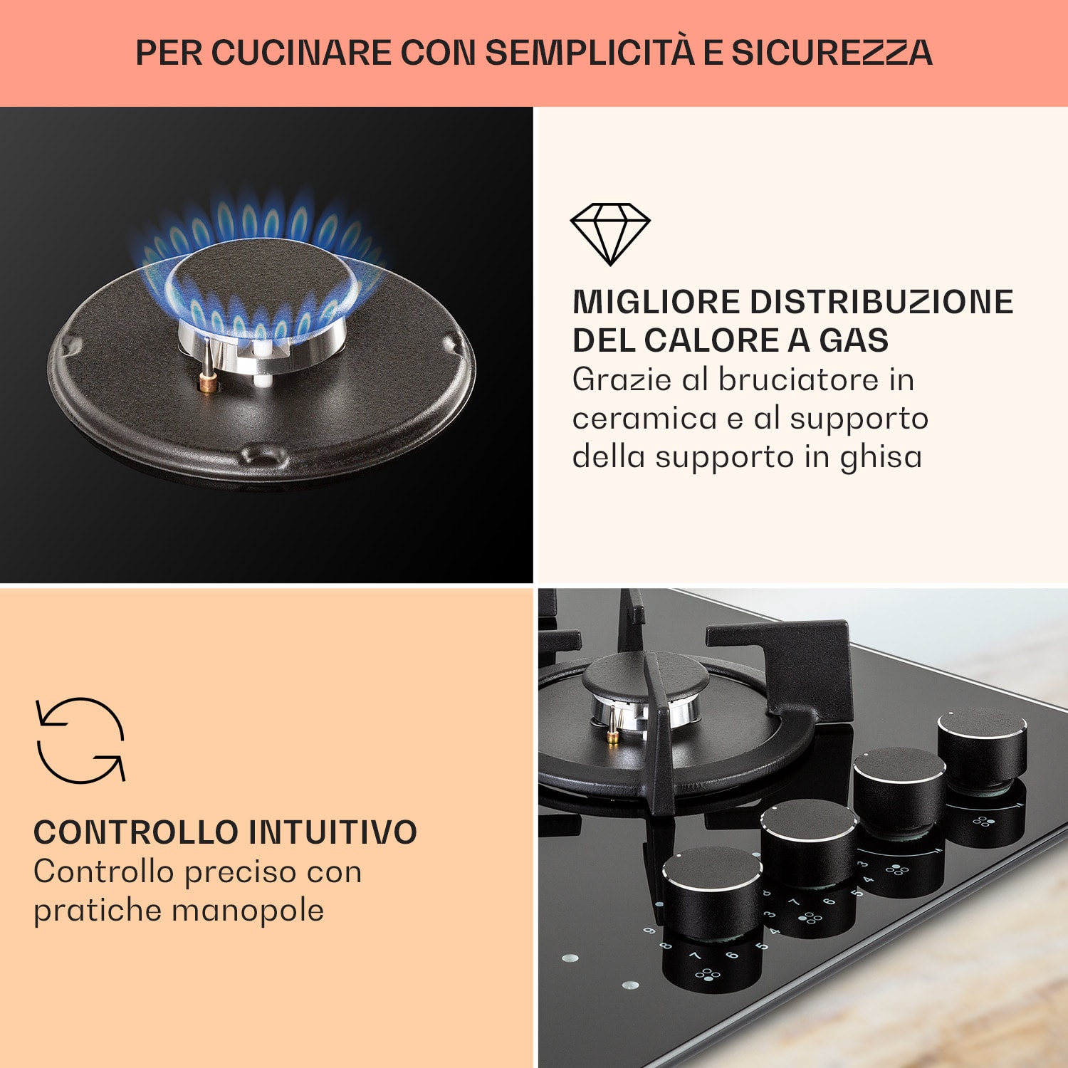 MultiChef 4 Piano cottura combinato gas/vetroceramica 4 zone 60 cm | Piano cottura a gas + vetroceramica | Nero