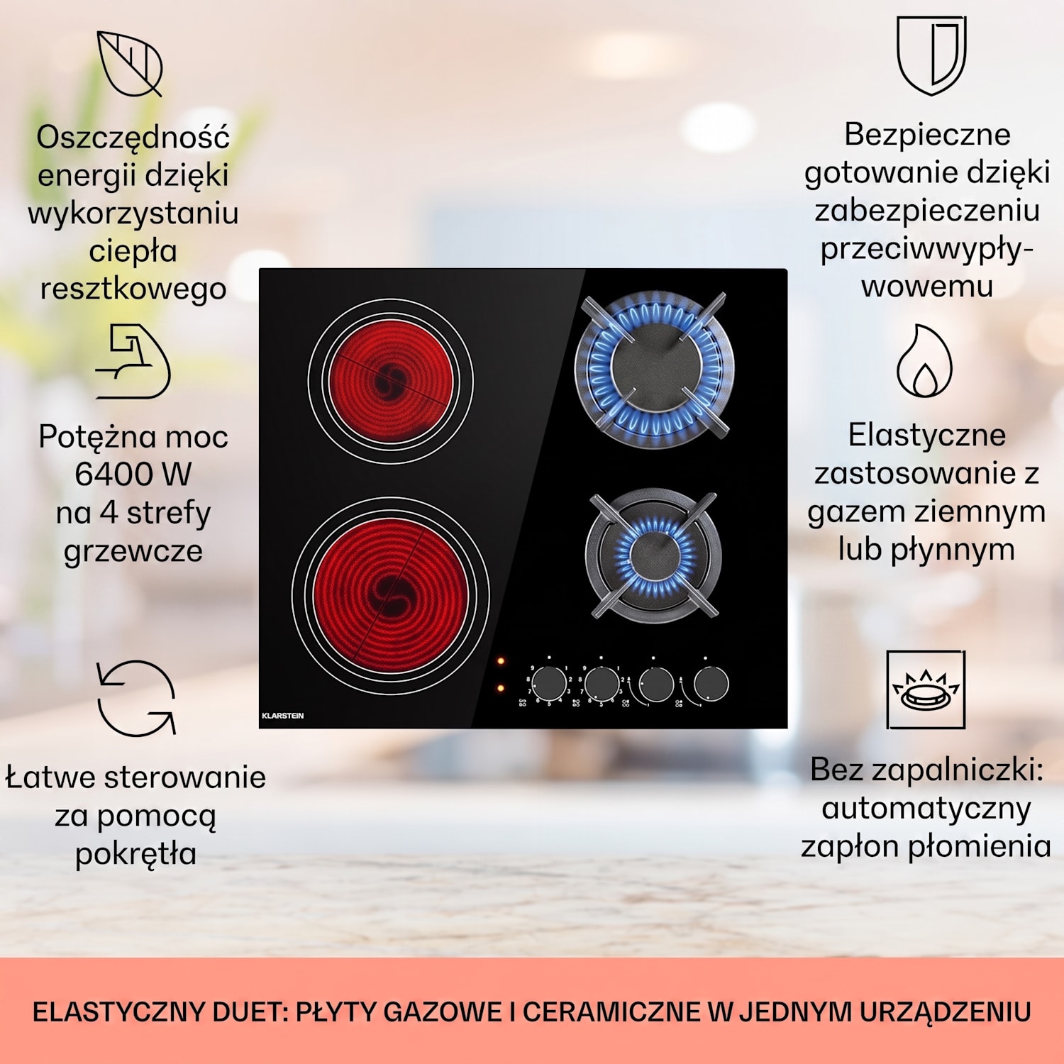 MultiChef 4, kombinowana płyta kuchenna, gaz/szkło ceramiczne, 4 pola grzewcze 60 cm | Płyta gazowa i ceramiczna | Czarny