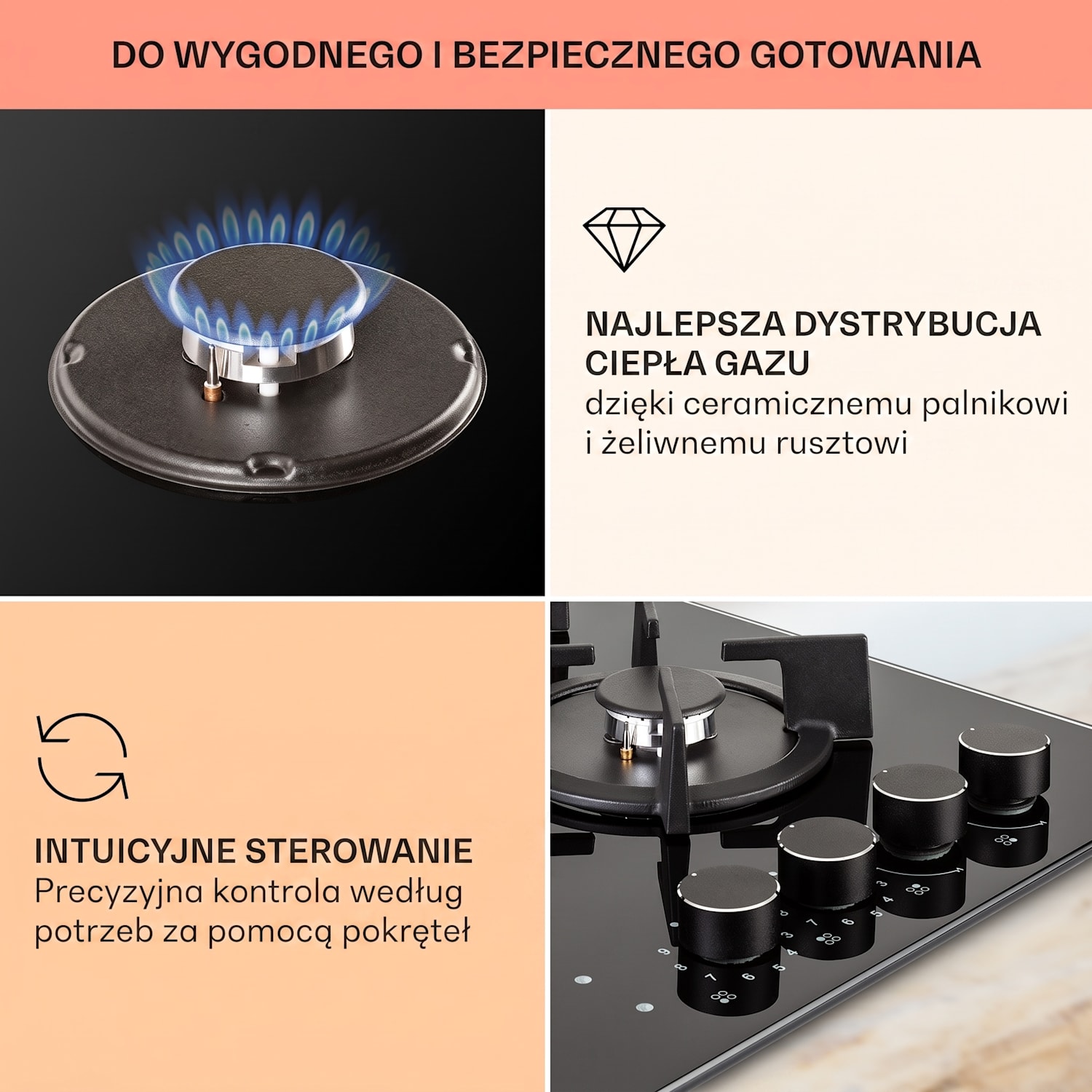 MultiChef 4, kombinowana płyta kuchenna, gaz/szkło ceramiczne, 4 pola grzewcze 60 cm | Płyta gazowa i ceramiczna | Czarny