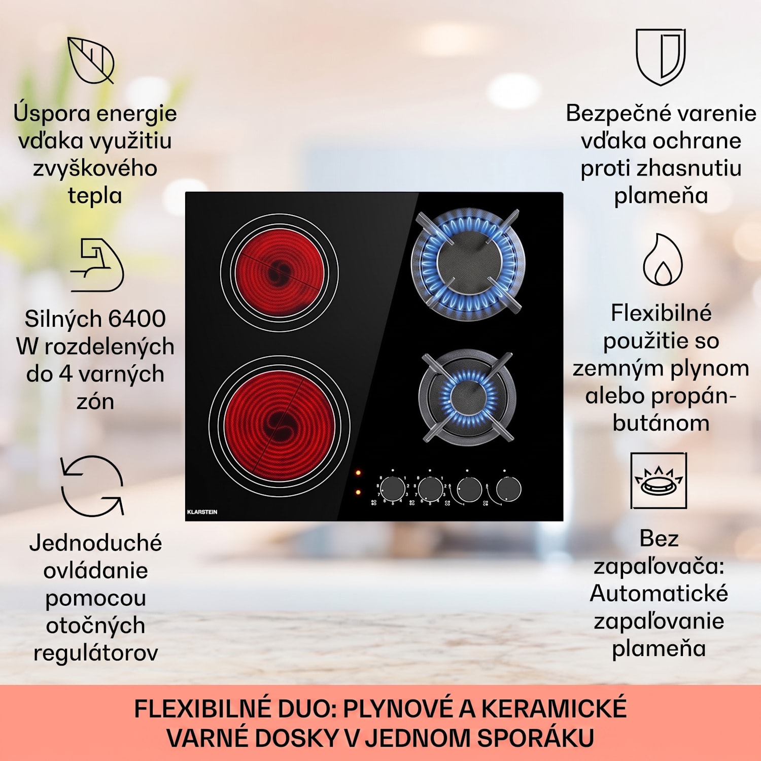 MultiChef 4, kombinovaná plynová varná doska, 4 zóny, plyn/sklokeramika 60 cm | Plynová a sklokeramická doska | Čierna