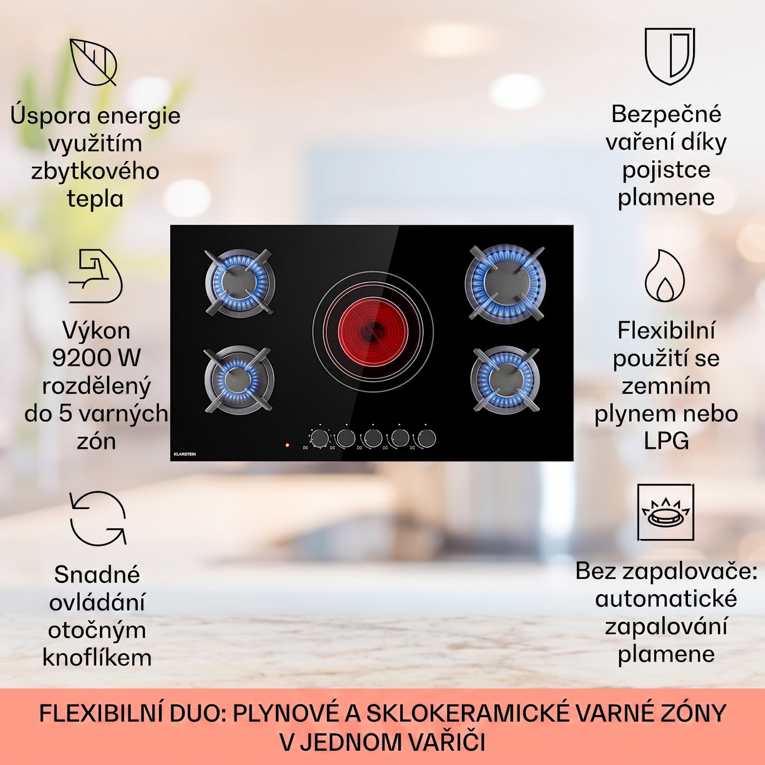 MultiChef 5, kombinovaná varná deska, plyn a sklokeramika, 5 zón 90 cm | Plynová a sklokeramická varná deska | Černá