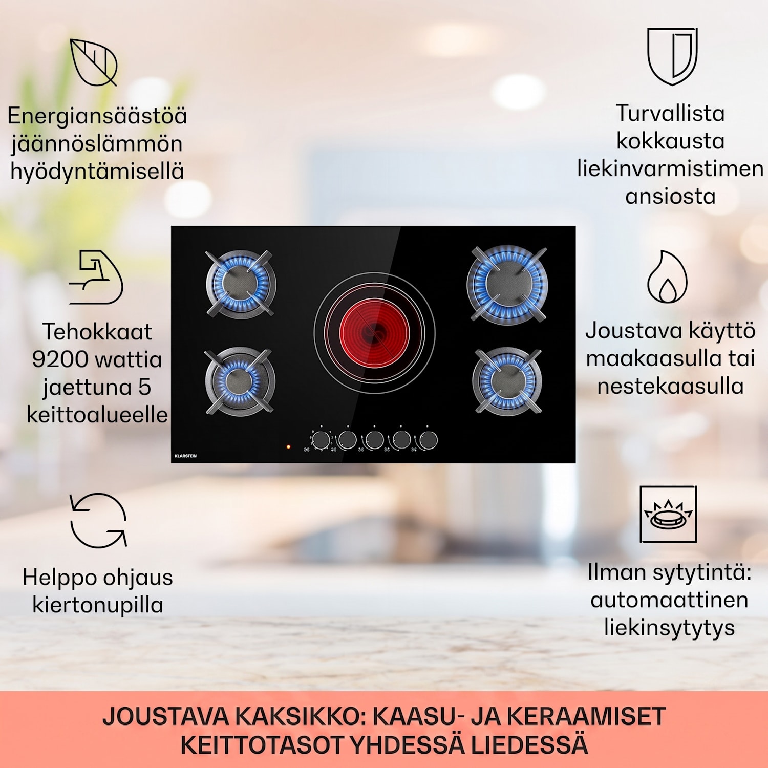 MultiChef 5 -yhdistelmäkaasuliesi kaasu/lasikeramiikka 5 aluetta 90 cm | Kaasu- ja keraaminen liesitaso | Musta