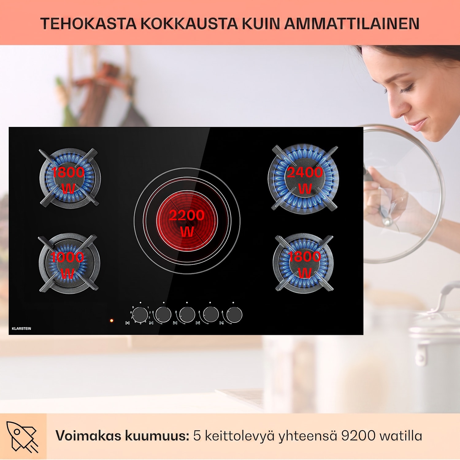 MultiChef 5 -yhdistelmäkaasuliesi kaasu/lasikeramiikka 5 aluetta 90 cm | Kaasu- ja keraaminen liesitaso | Musta