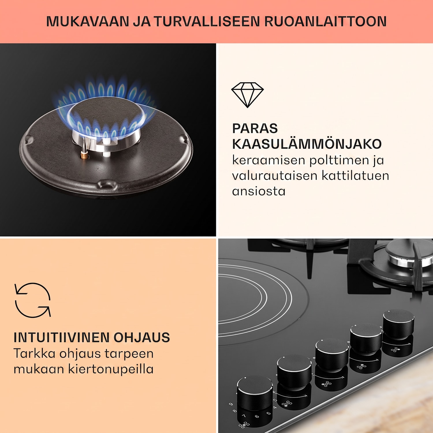 MultiChef 5 -yhdistelmäkaasuliesi kaasu/lasikeramiikka 5 aluetta 90 cm | Kaasu- ja keraaminen liesitaso | Musta