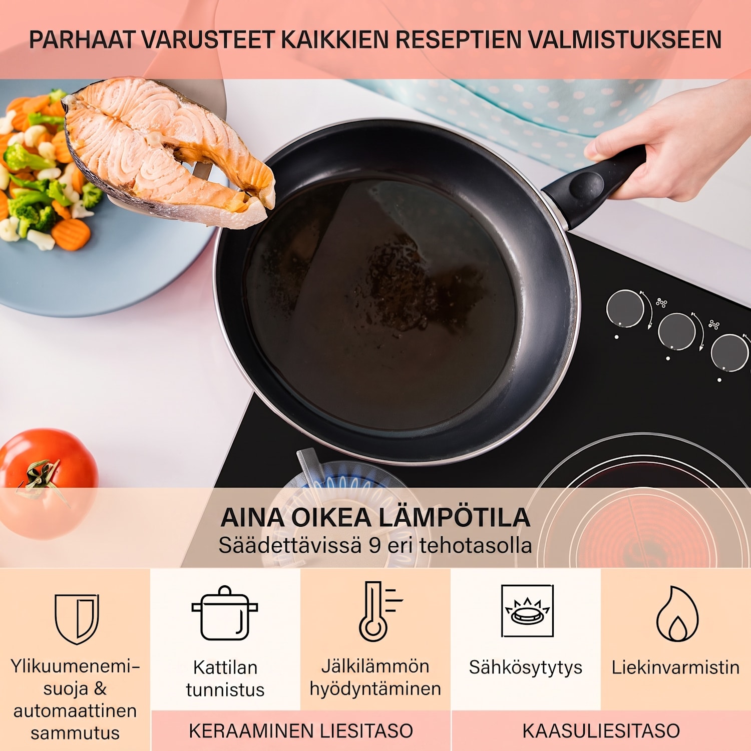 MultiChef 5 -yhdistelmäkaasuliesi kaasu/lasikeramiikka 5 aluetta 90 cm | Kaasu- ja keraaminen liesitaso | Musta