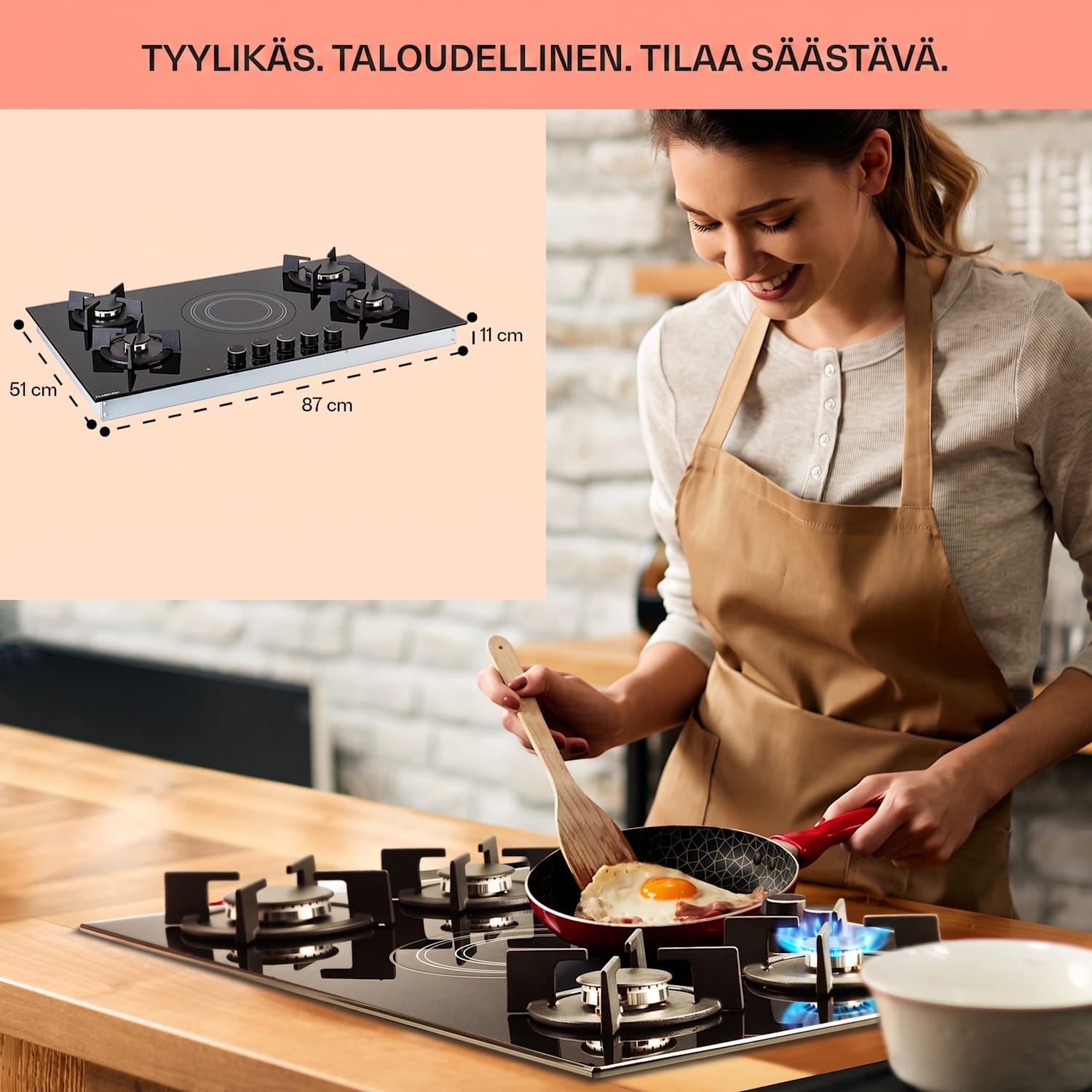 MultiChef 5 -yhdistelmäkaasuliesi kaasu/lasikeramiikka 5 aluetta 90 cm | Kaasu- ja keraaminen liesitaso | Musta