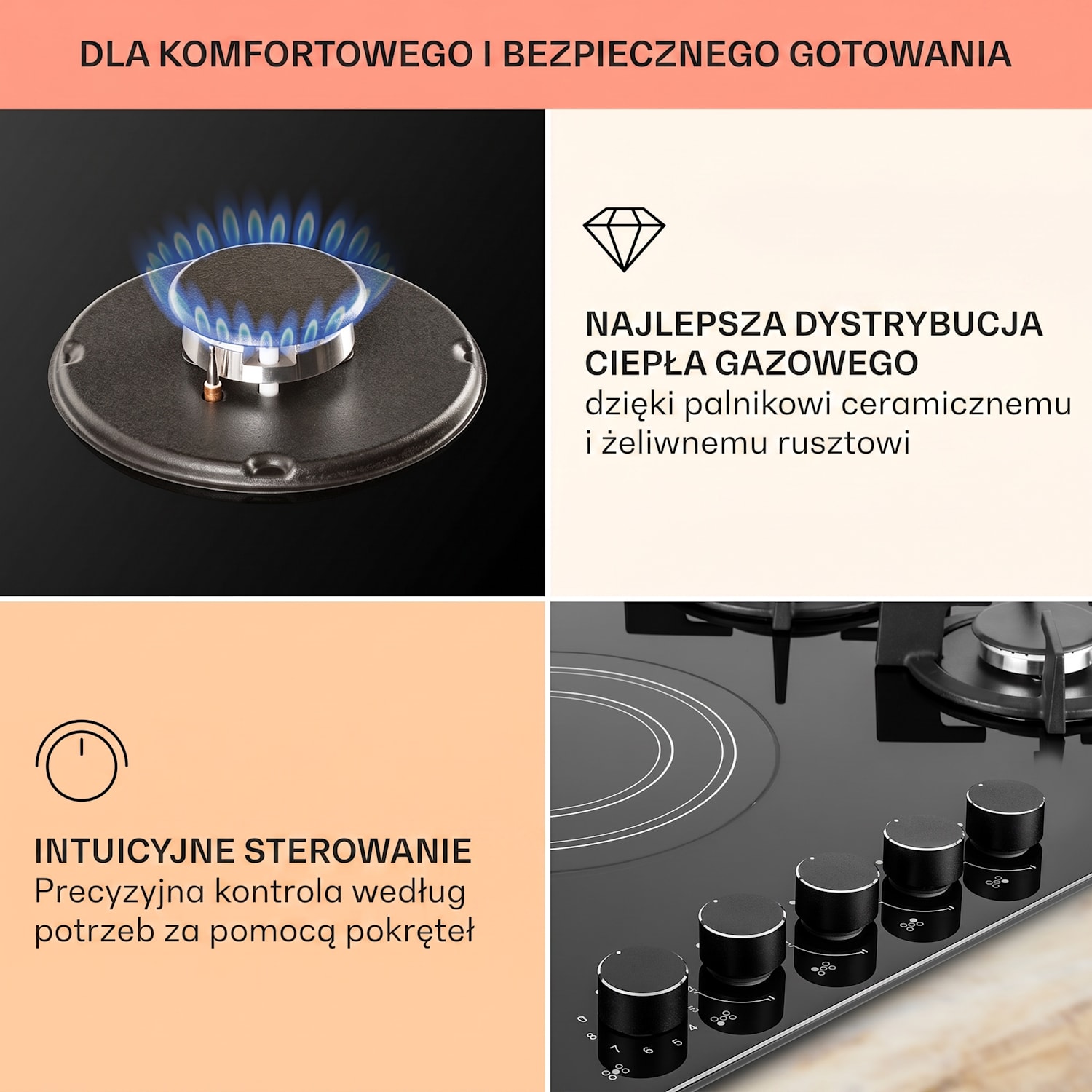 MultiChef 5, kombinowana płyta kuchenna, gaz/szkło ceramiczne, 5 pól grzewczych 90 cm | Płyta gazowa i ceramiczna | Czarny