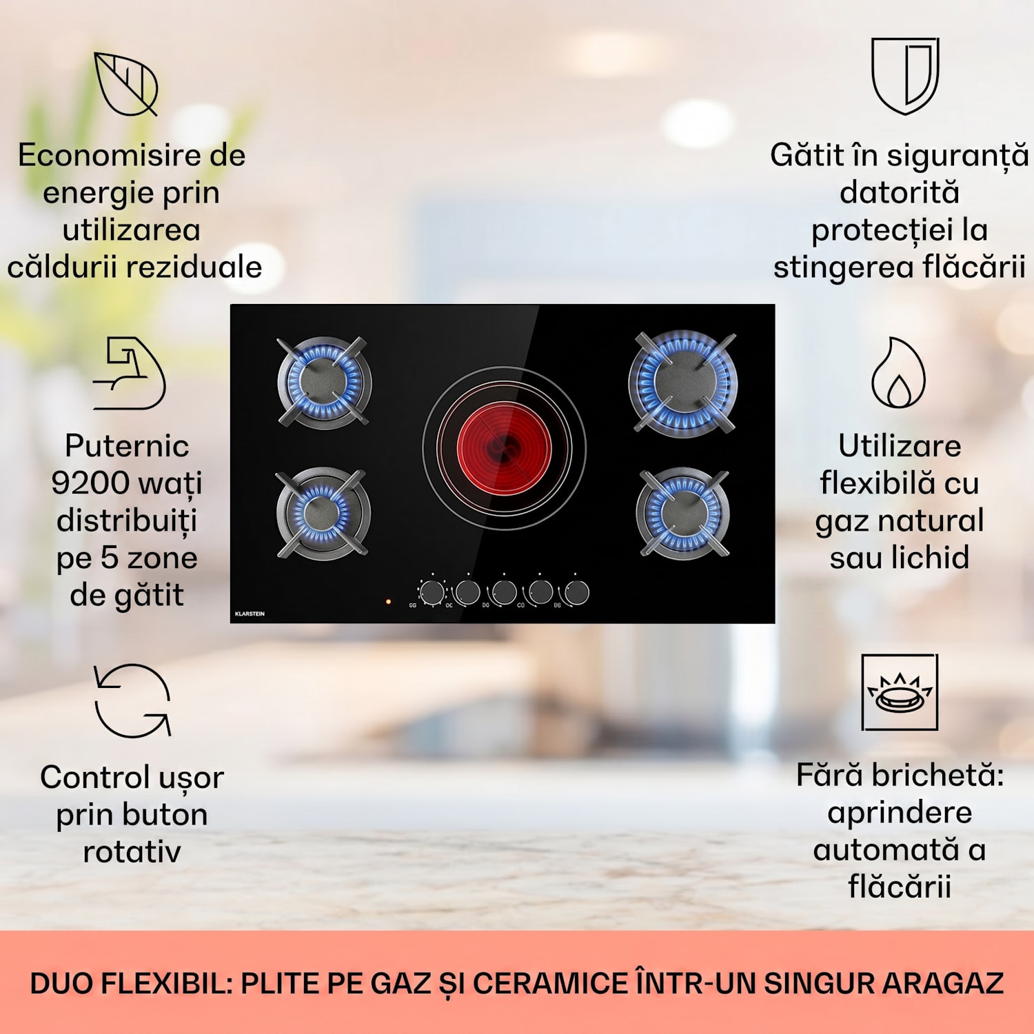MultiChef 5, plită cu gaz combinată, gaz / sticlă ceramică, 5 zone 90 cm | Plită pe gaz și ceramică | Negru