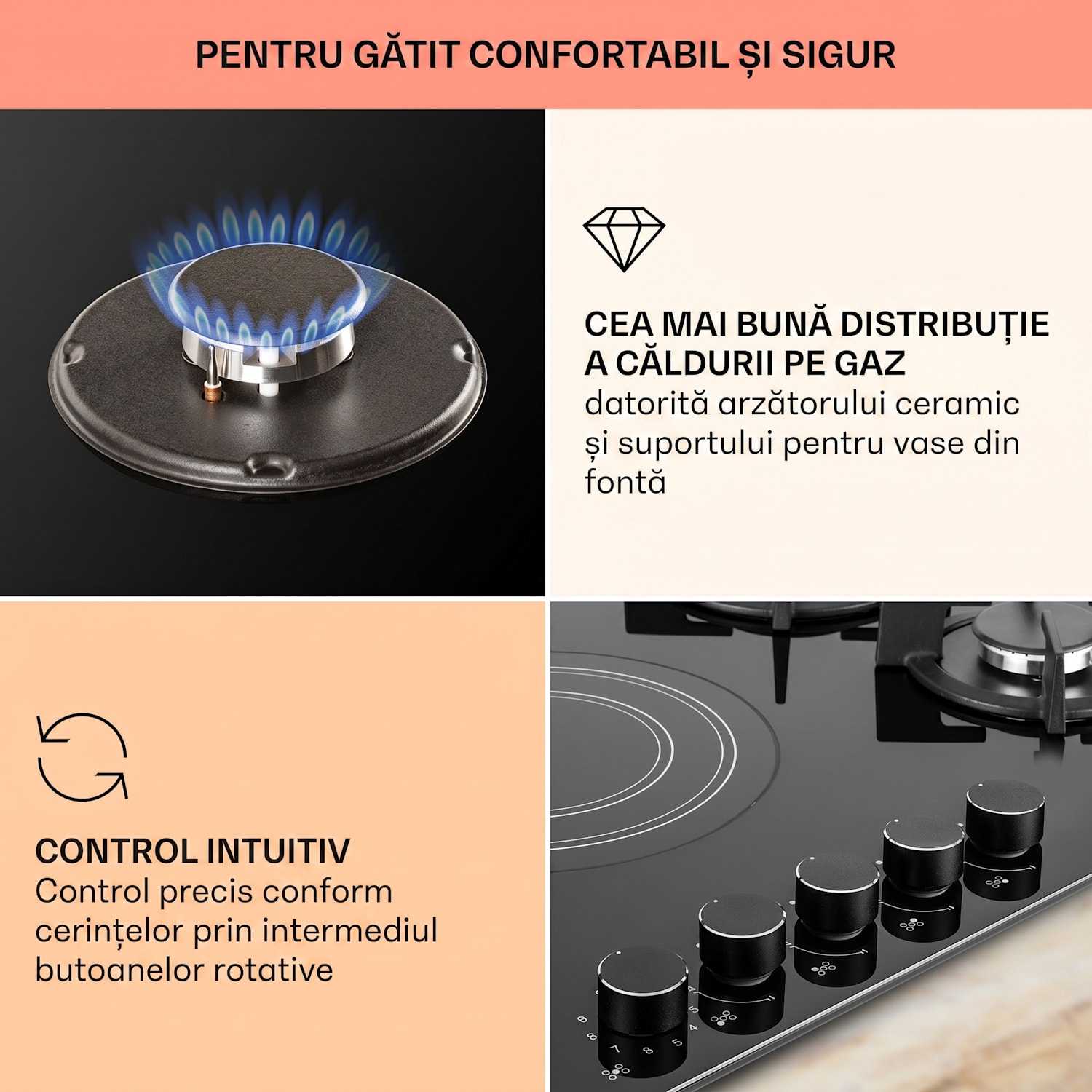 MultiChef 5, plită cu gaz combinată, gaz / sticlă ceramică, 5 zone 90 cm | Plită pe gaz și ceramică | Negru