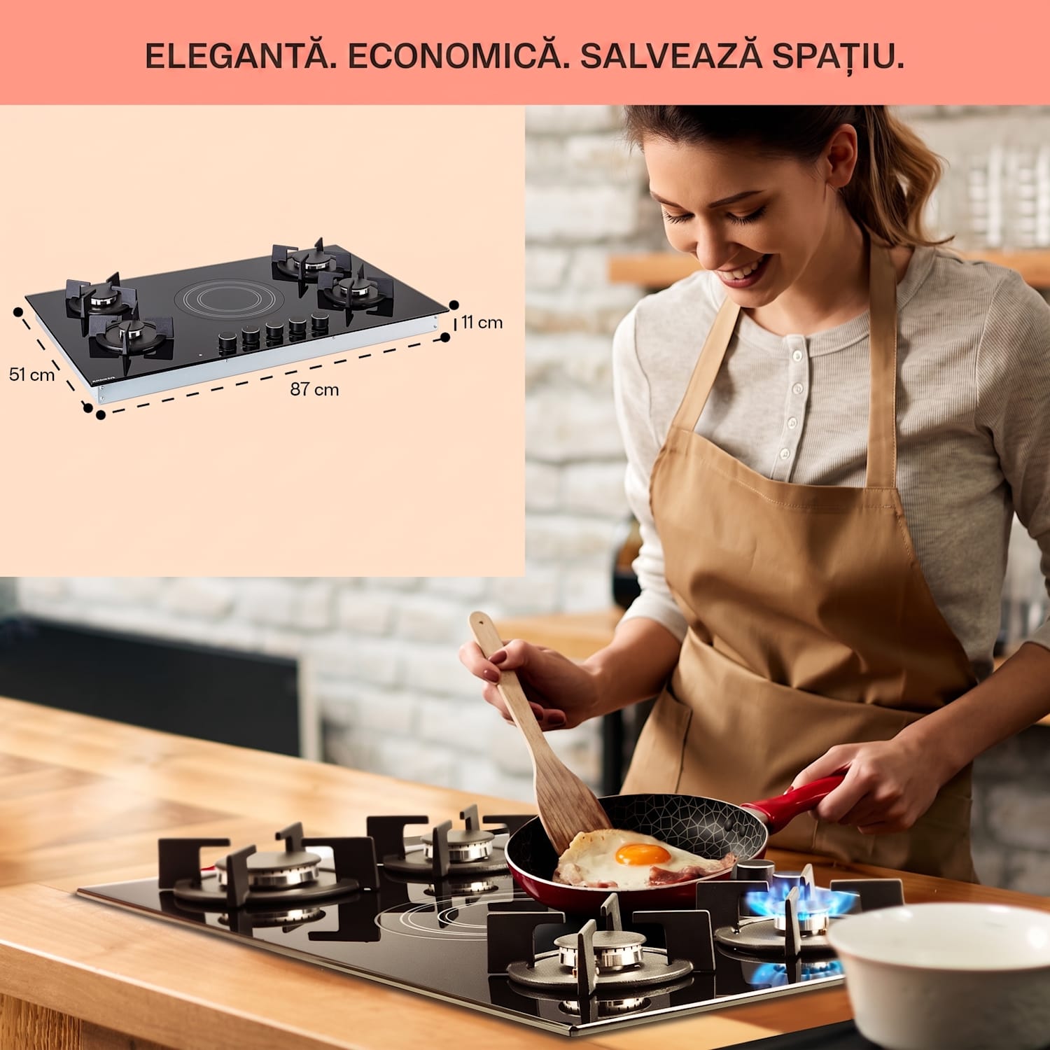 MultiChef 5, plită cu gaz combinată, gaz / sticlă ceramică, 5 zone 90 cm | Plită pe gaz și ceramică | Negru