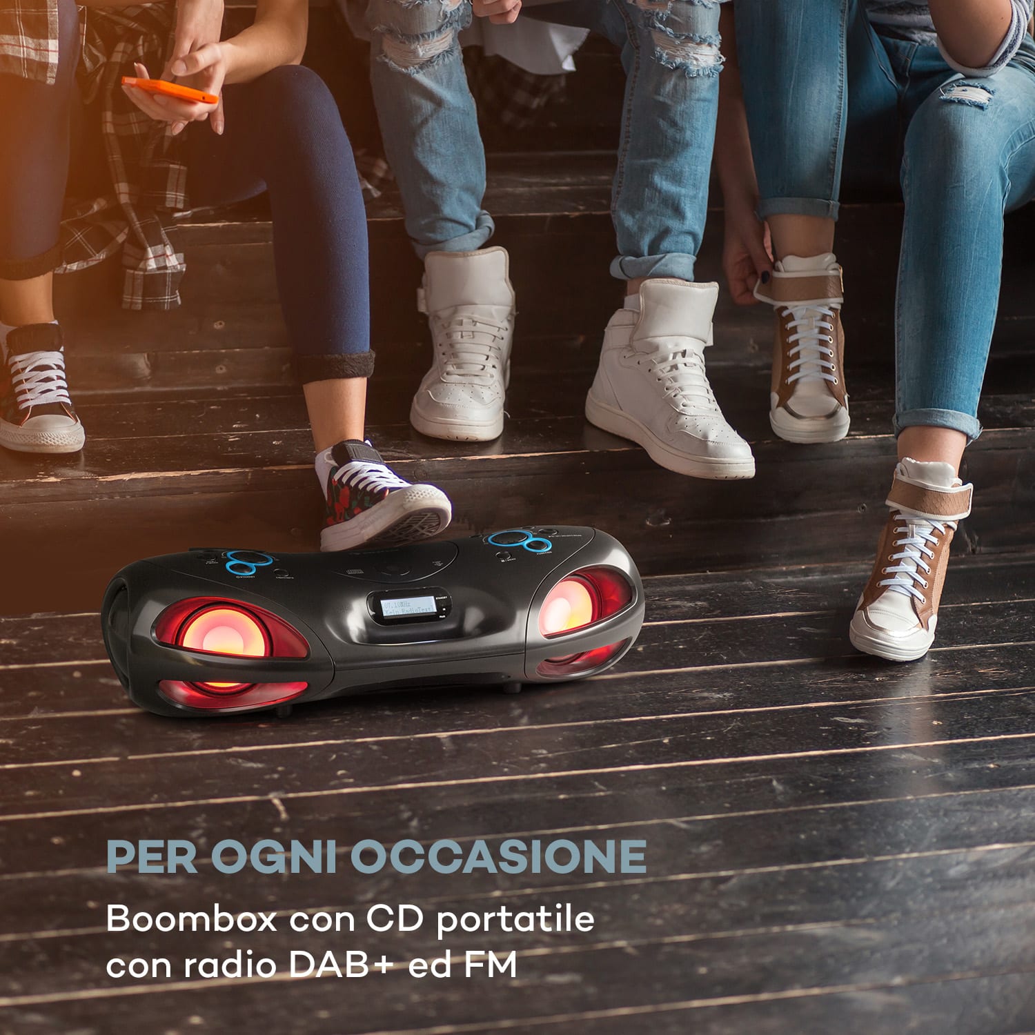 Spacewoofer DAB - Boombox, lettore CD, DAB+, FM, Bluetooth, telecomando, LED Nero