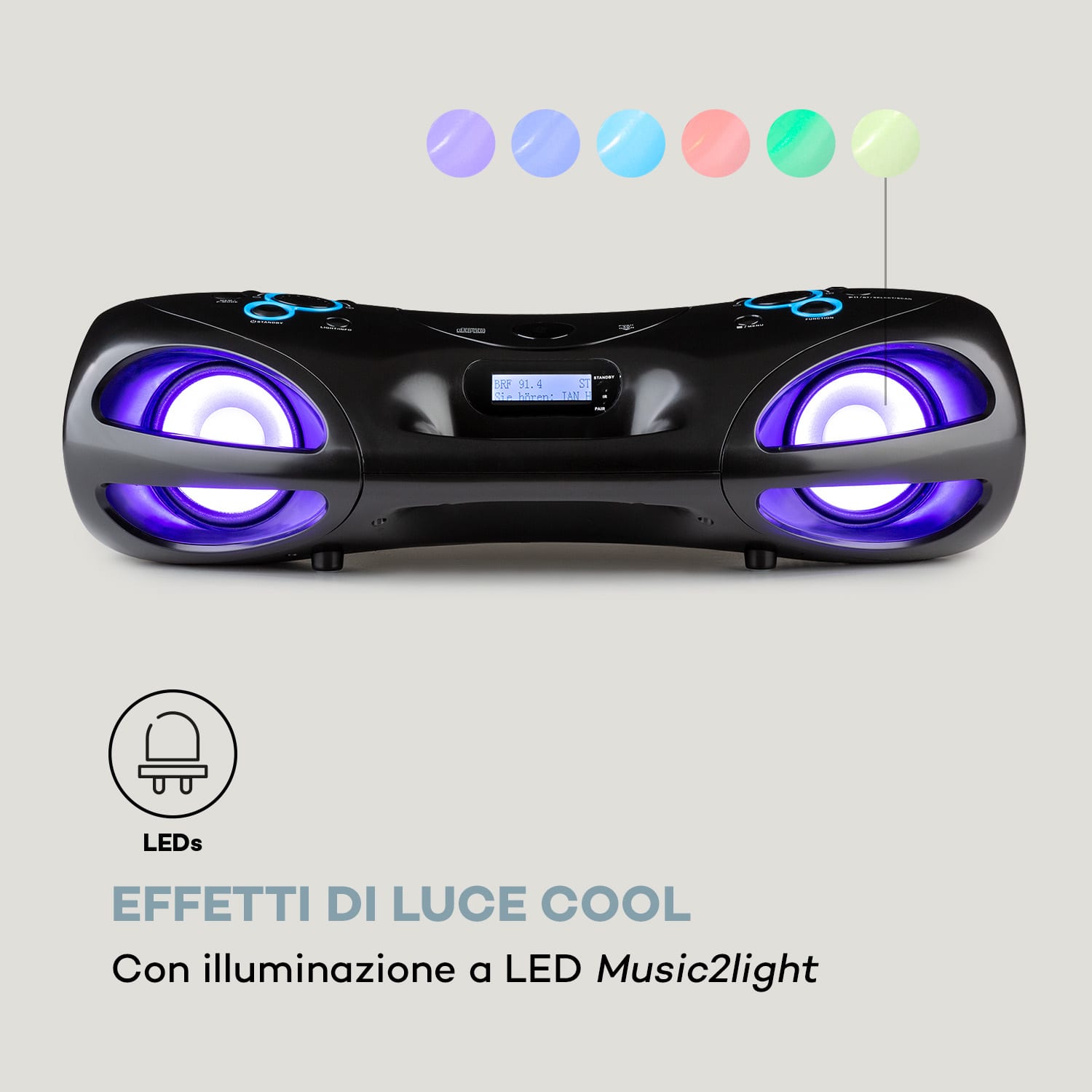 Spacewoofer DAB - Boombox, lettore CD, DAB+, FM, Bluetooth, telecomando, LED Nero