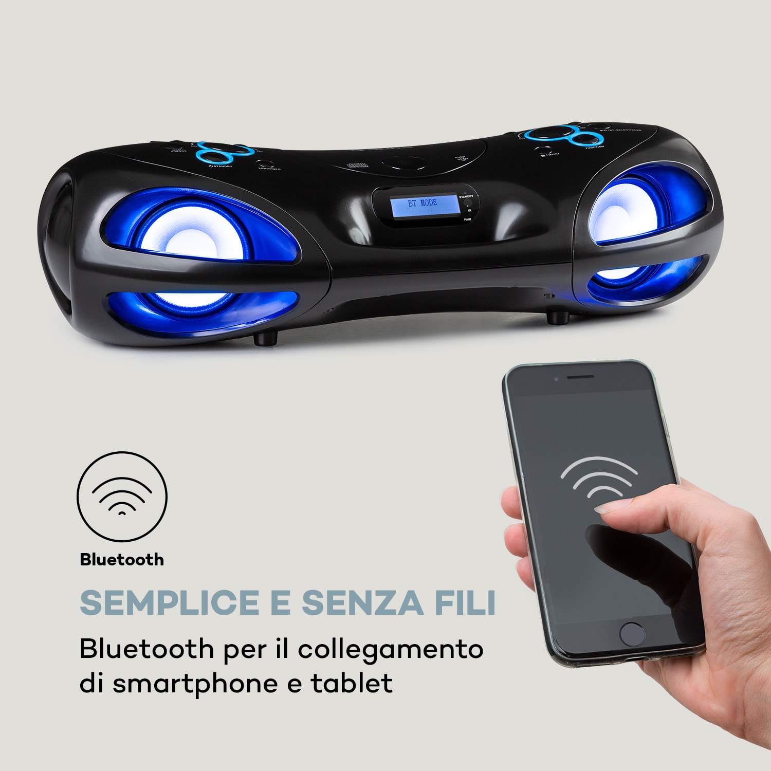 Spacewoofer DAB - Boombox, lettore CD, DAB+, FM, Bluetooth, telecomando, LED Nero