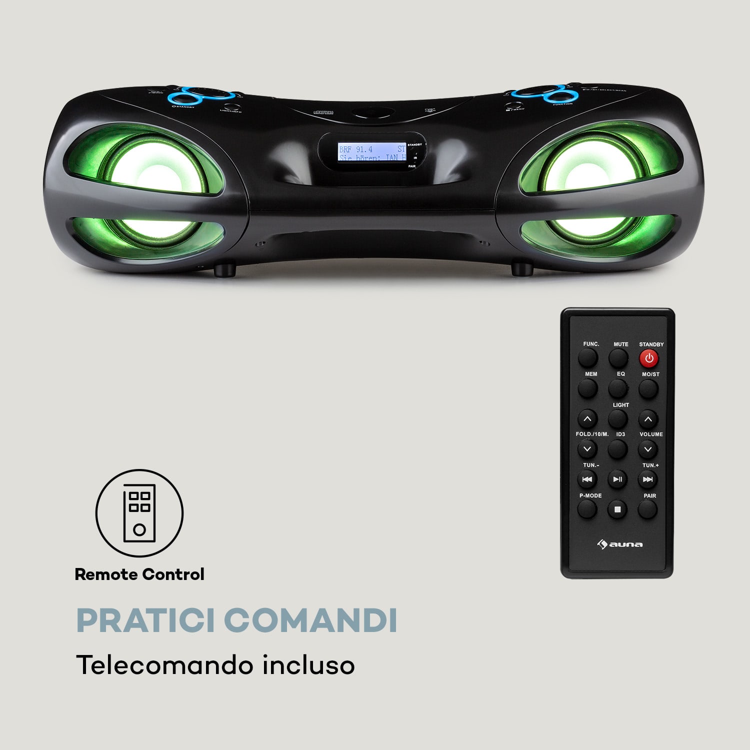 Spacewoofer DAB - Boombox, lettore CD, DAB+, FM, Bluetooth, telecomando, LED Nero