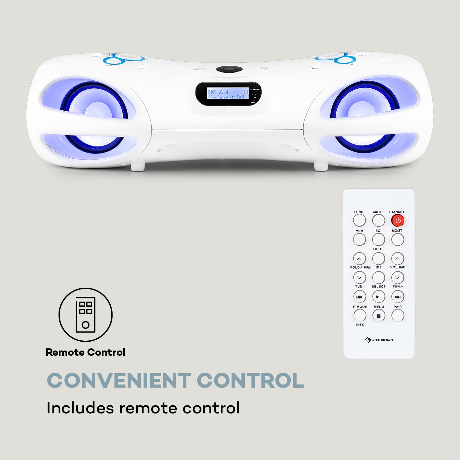 Spacewoofer DAB Boombox, CD lejátszó, DAB+, UKW, Bluetooth, távirányító, LED 