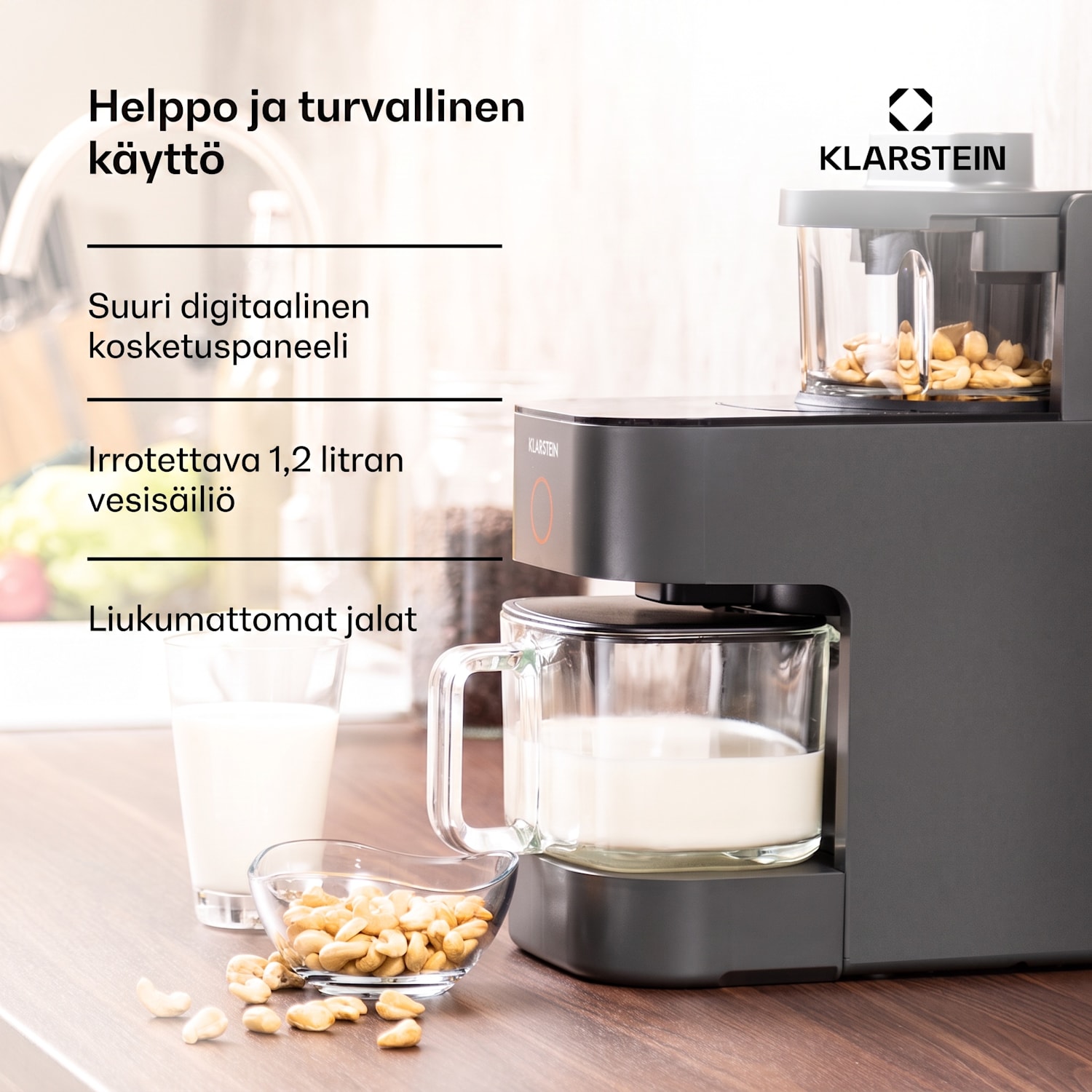 Marcia pähkinämaitokeitin 300 - 1200 ml 360° kosketus irrotettava vesisäiliö Tummanharmaa