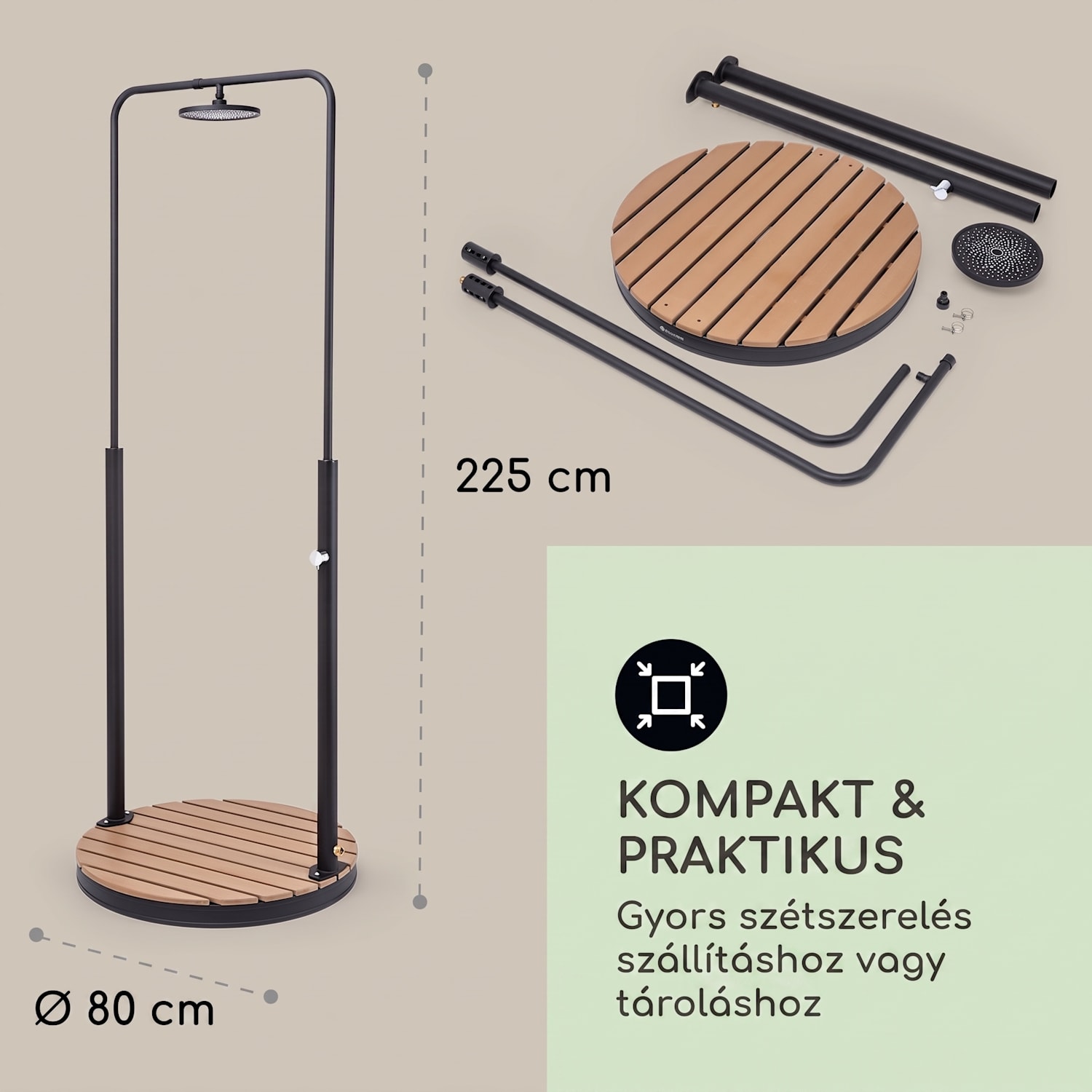 Sumatra Falls Round, kerti zuhanyzó, WPC, alumínium, Ø 80 cm, kerek Ovális | Fekete