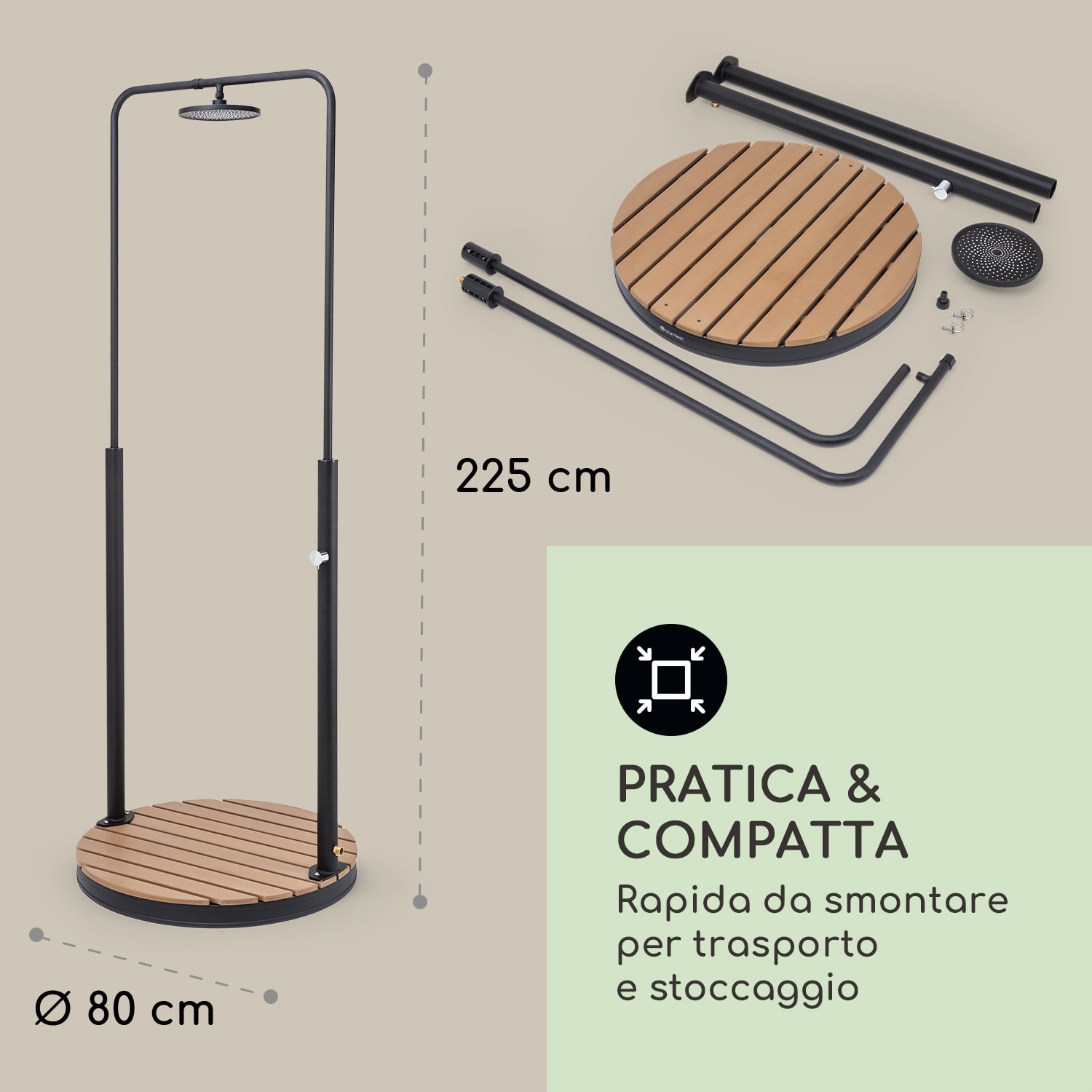 Sumatra Falls Round - Doccia da giardino, WPC, alluminio, Ø 80 cm, tonda 