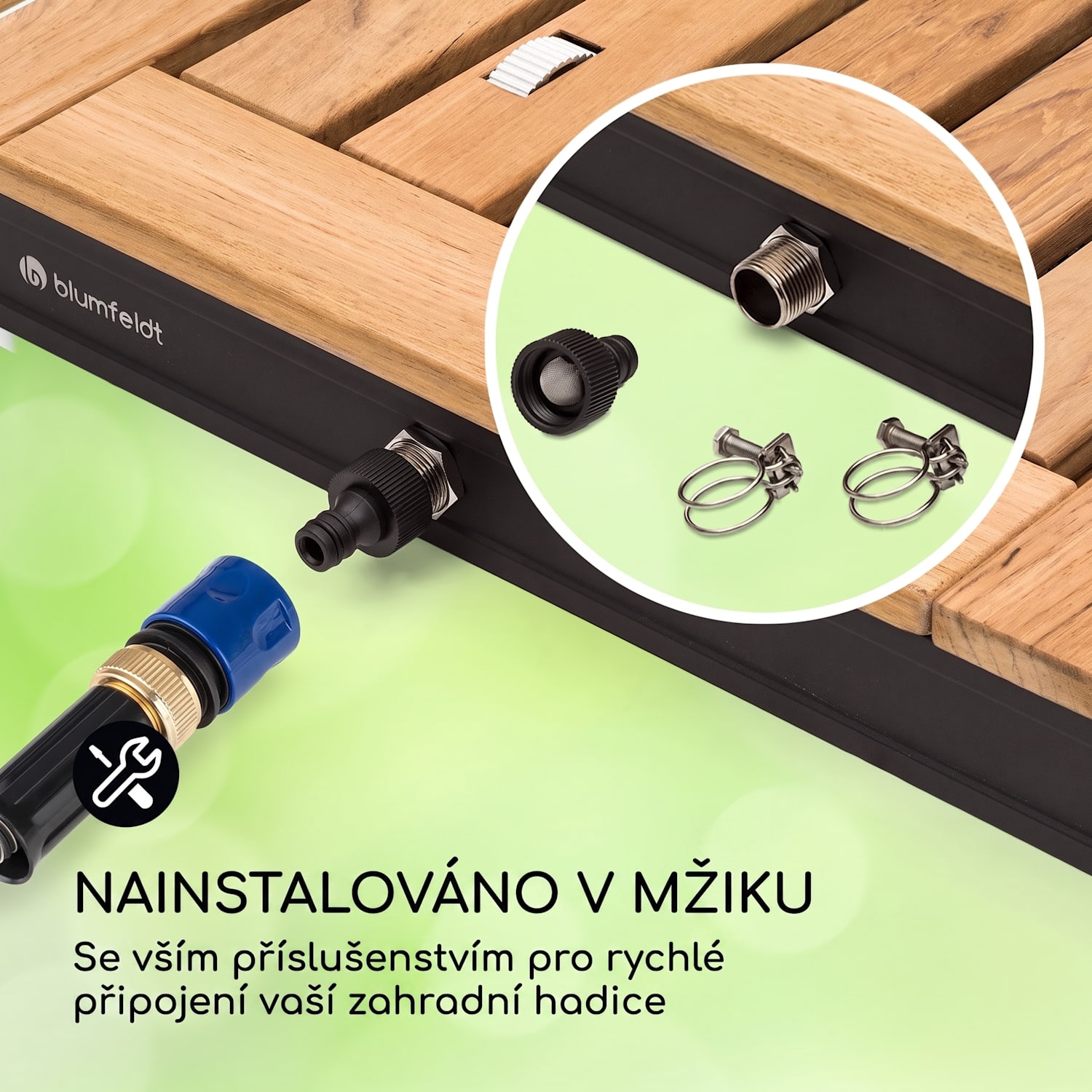 Sumatra Teak Square, zahradní sprcha, hliník, týkové dřevo, rukojeť Čtvereční | Černá