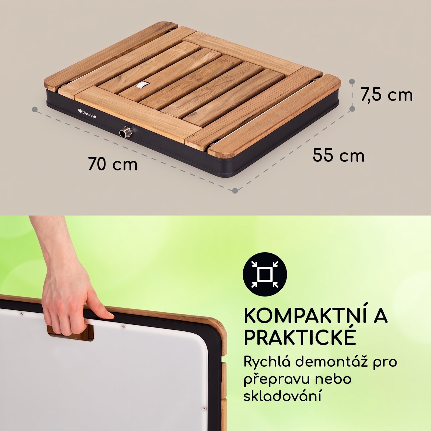 Sumatra Teak Square, zahradní sprcha, hliník, týkové dřevo, rukojeť Čtvereční | Černá
