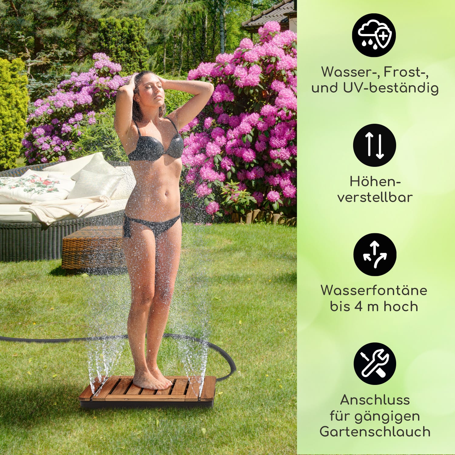 Sumatra Teak Square Gartendusche Aluminium Teakholz Tragegriff quadratisch | Schwarz