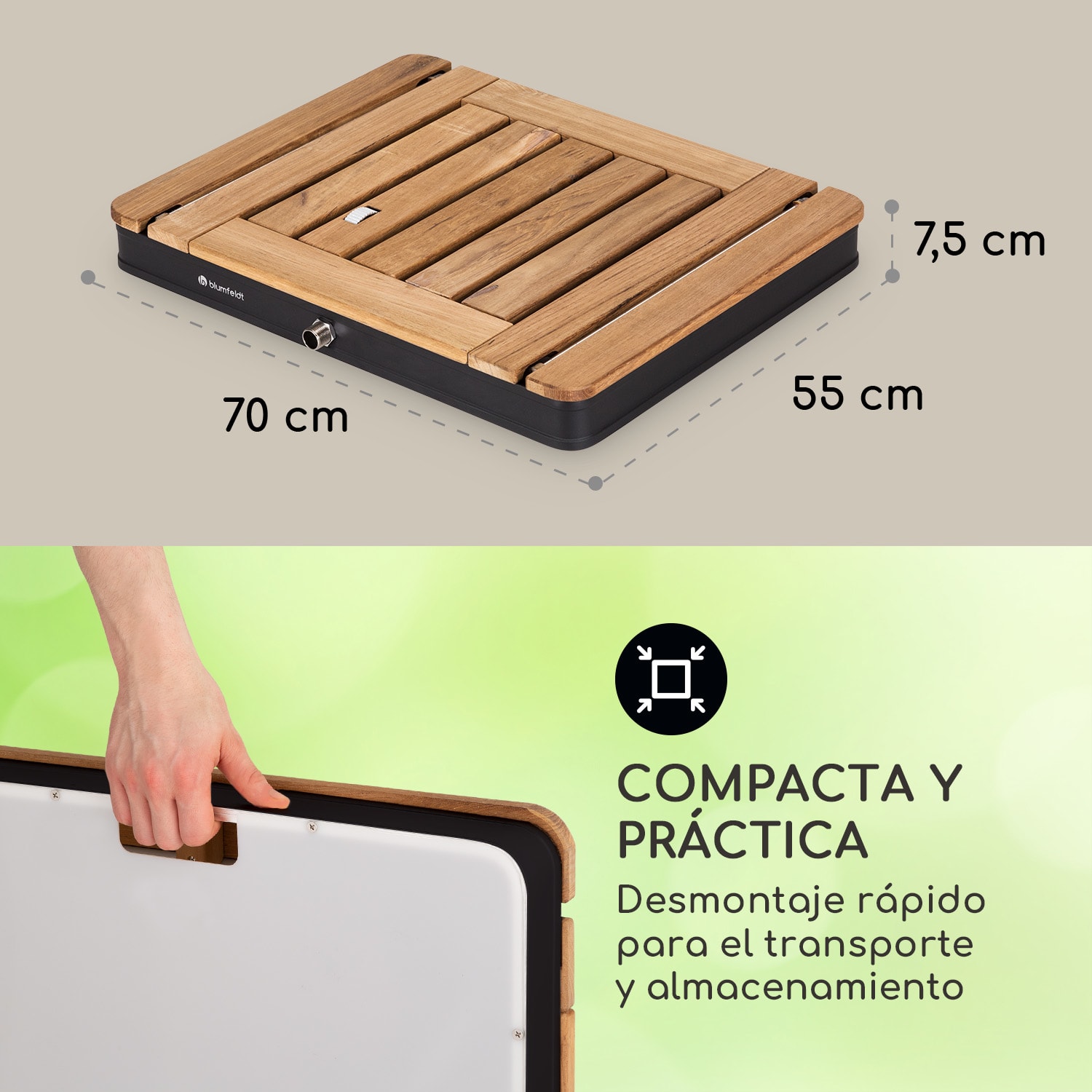 Sumatra Teak Square ducha de jardín aluminio madera de teca asa de transporte Cuadrado | Negro