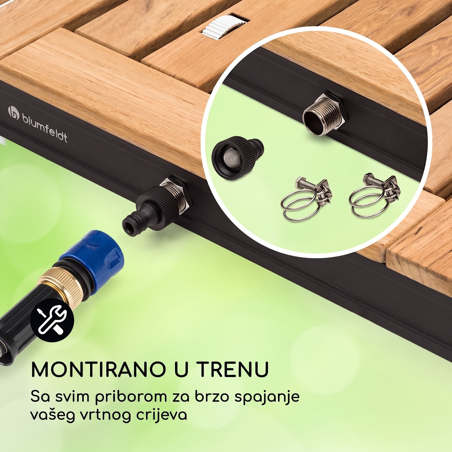 Sumatra Teak Square, vrtni tuš, aluminij, tikovina, ručka Kvadrat | Crna