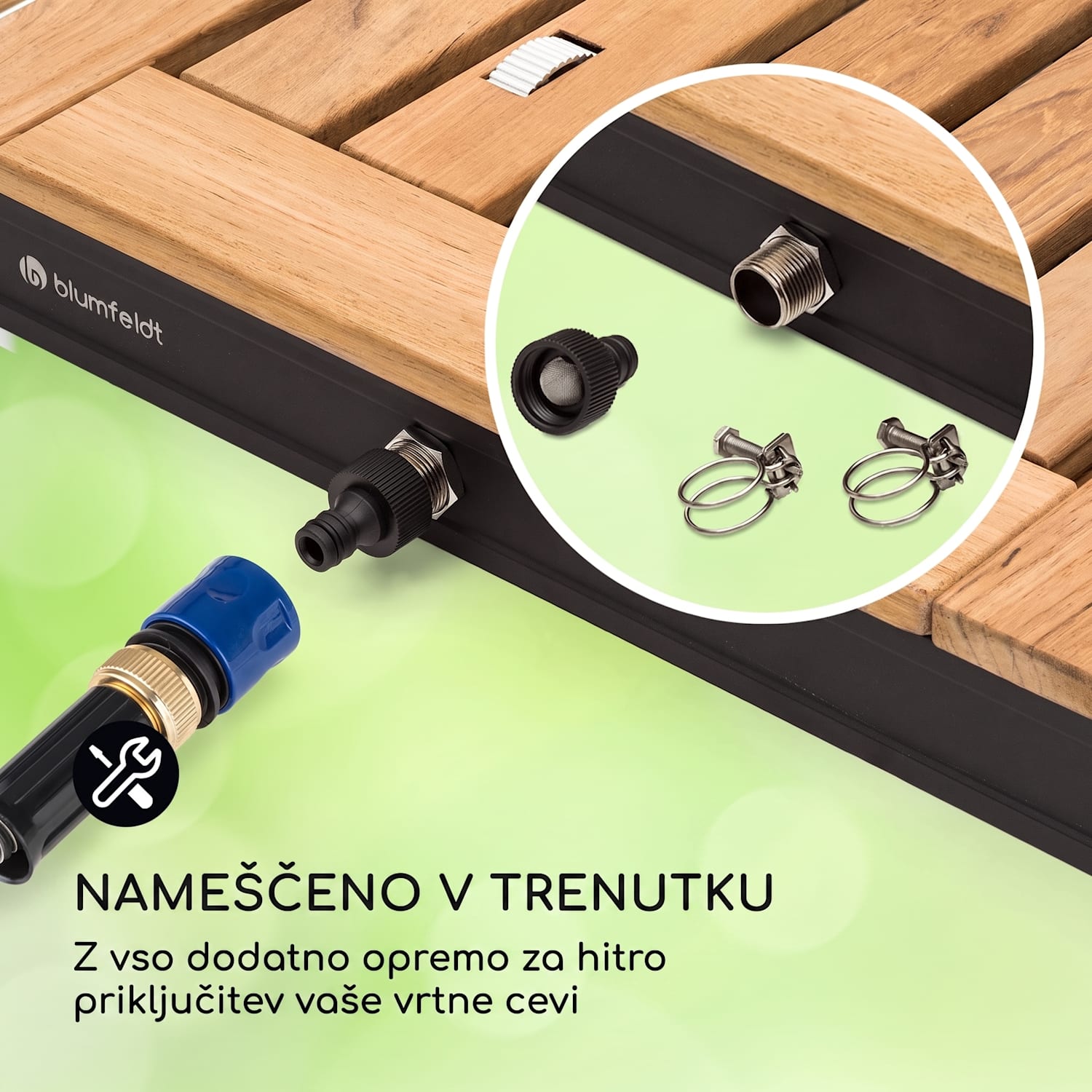 Sumatra Teak Square, vrtni tuš, aluminij, tikov les, ročaj kvadrat | Črna