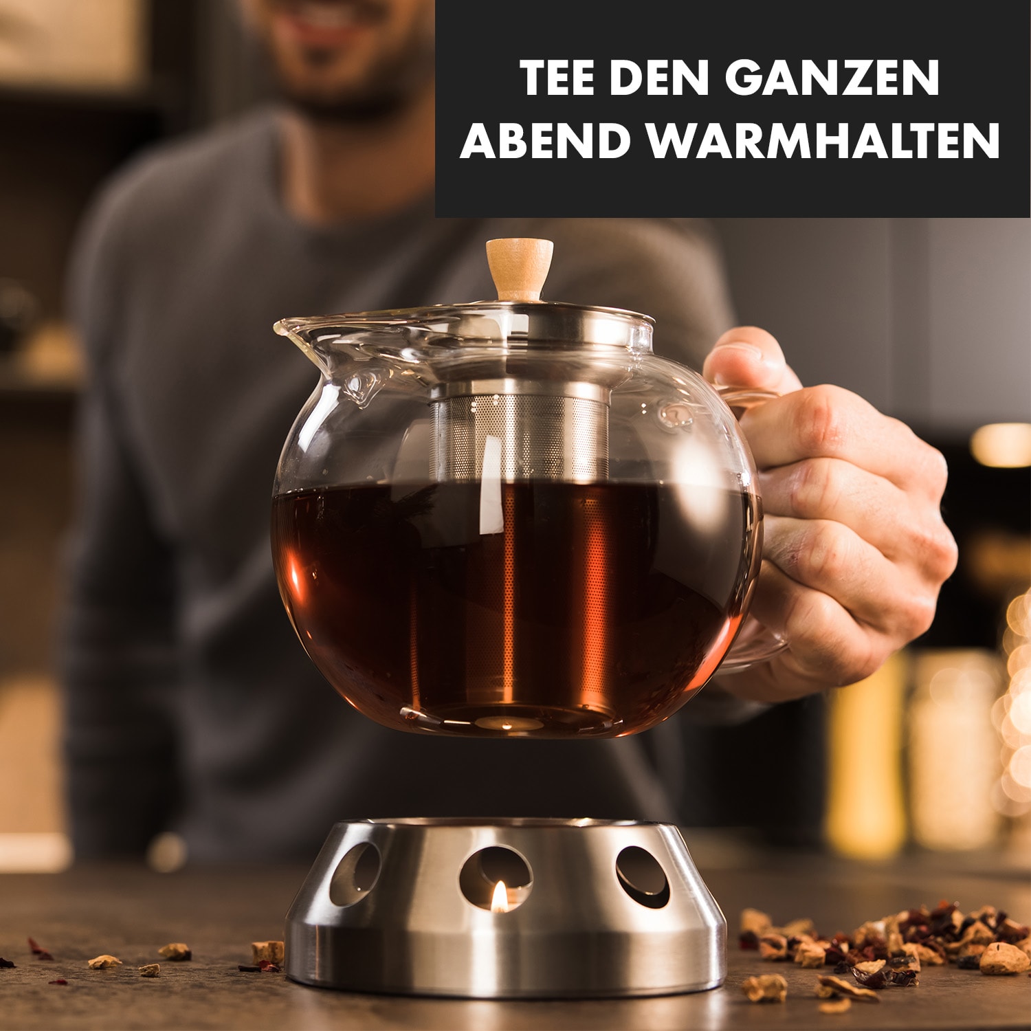 Sencha, teiera di design con scaldavivande d'acciaio inox Hibiscus, 1,3 l, colino 