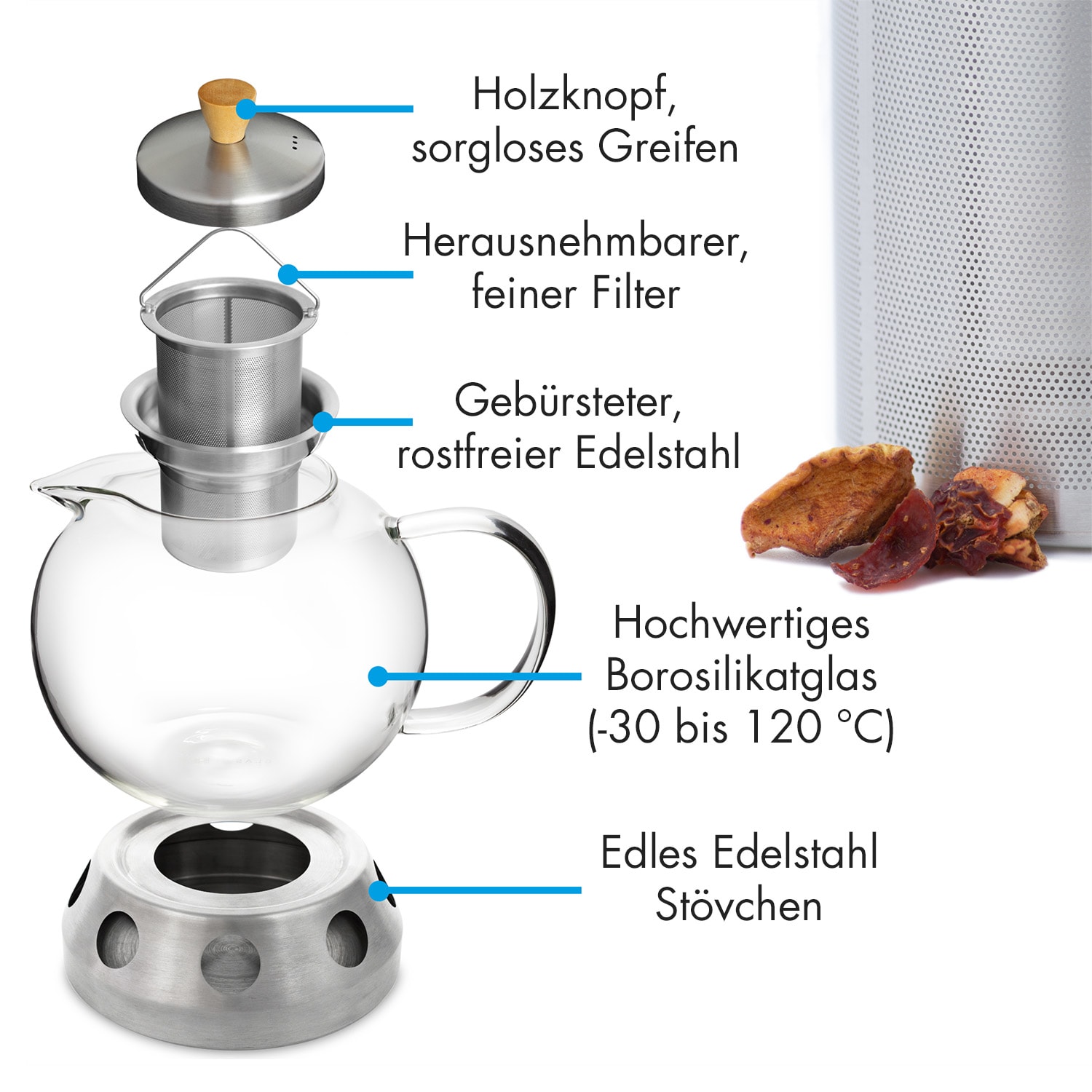 Sencha, teiera di design con scaldavivande d'acciaio inox Hibiscus, 1,3 l, colino 