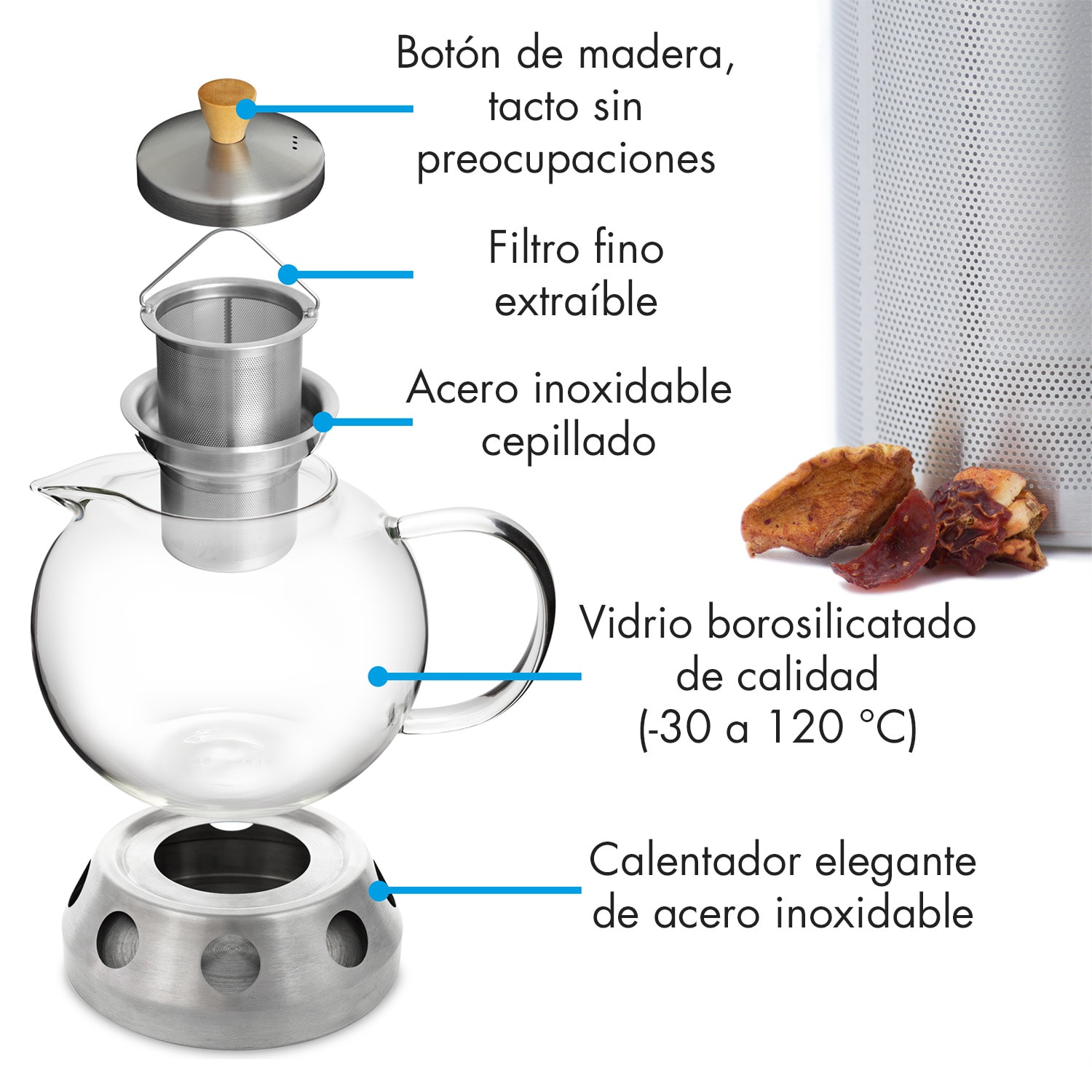 Sencha Tetera de diseño con calentador de acero inoxidable Hibiscus 1,3L Filtro
