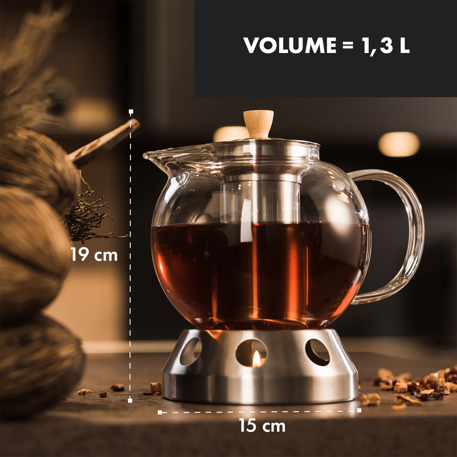 Sencha, teiera di design con scaldavivande d'acciaio inox Hibiscus, 1,3 l, colino 