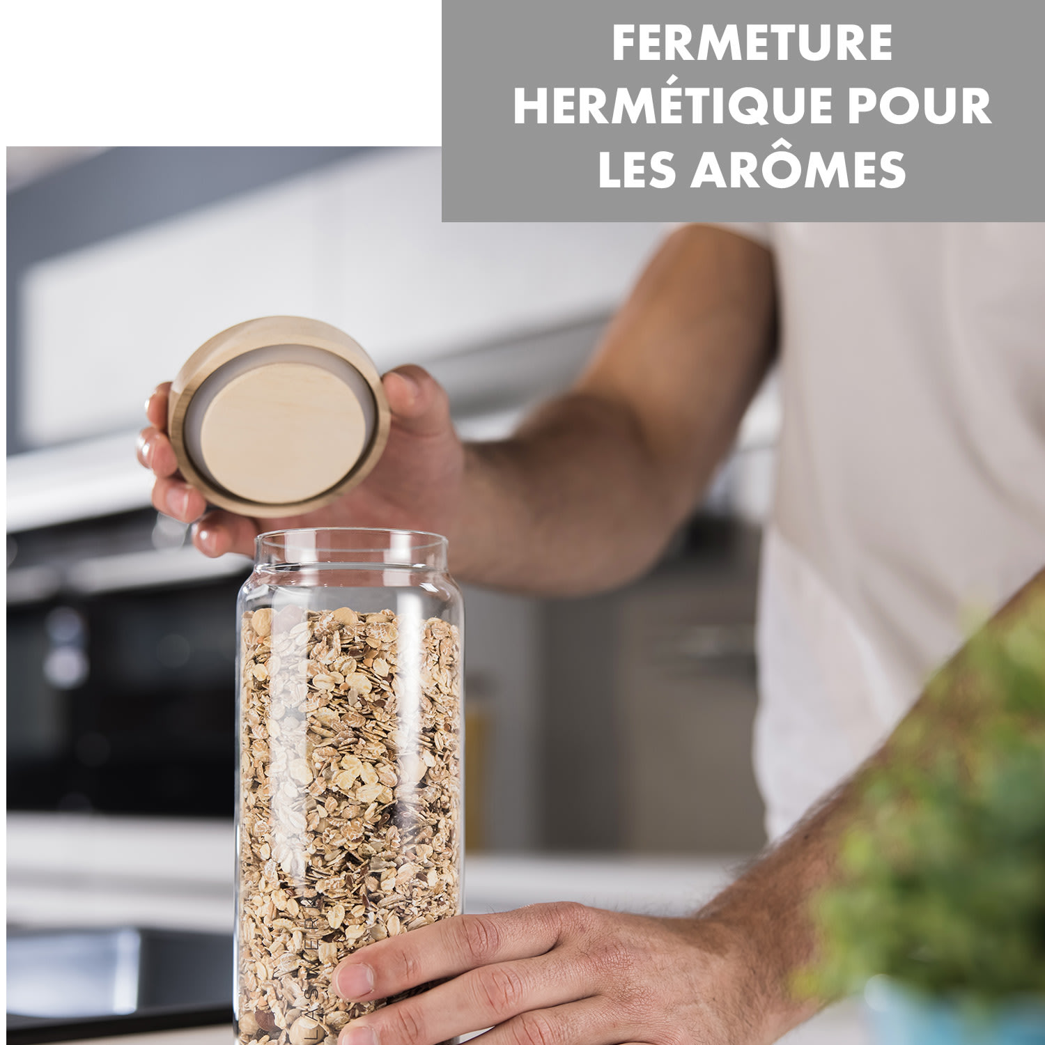 Lovage Bocaux de conservation1,1 L lot de 3 verre borosilicate couvercle en bois d'acacia silicone 