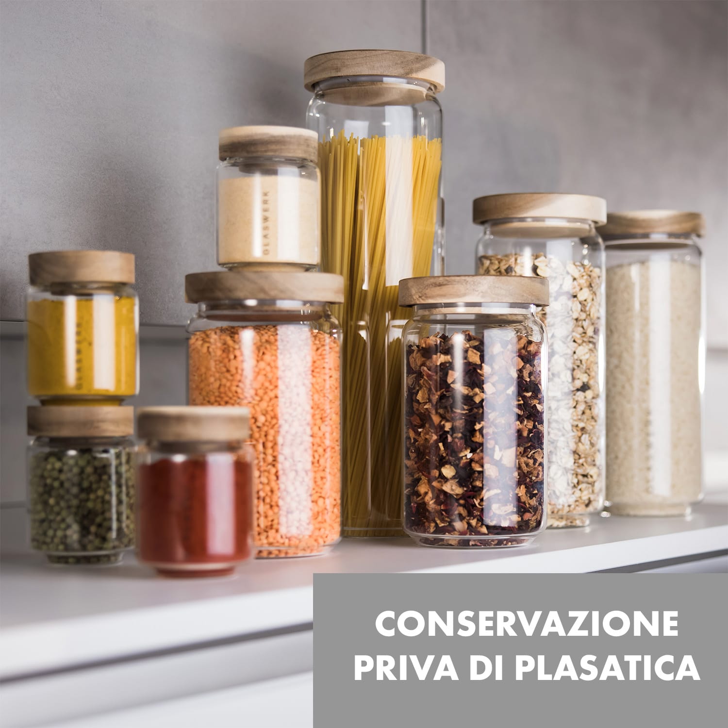 Cassia, barattoli portaspezie, 6 pezzi, 130 ml, vetro borosilicato, coperchio di legno, ermetico 