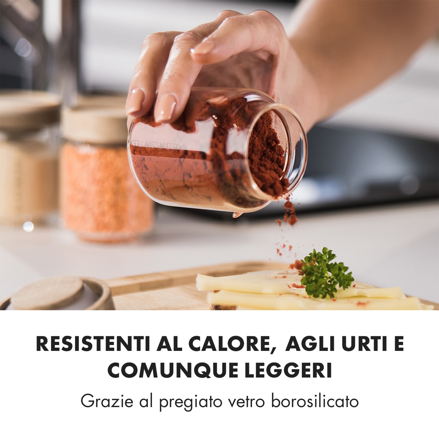 Cassia, barattoli portaspezie, 6 pezzi, 130 ml, vetro borosilicato, coperchio di legno, ermetico 