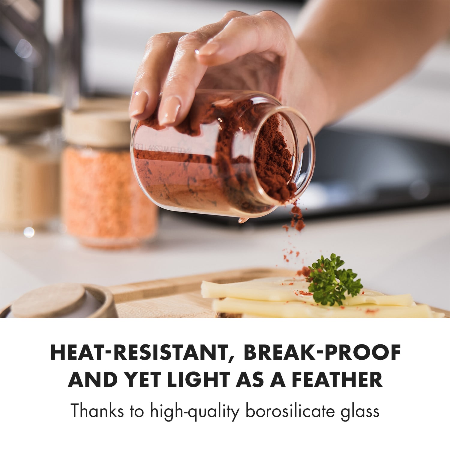 Cassia kruidenpotjes 6 st. 130 ml borosilicaatglas houten deksel luchtdicht 