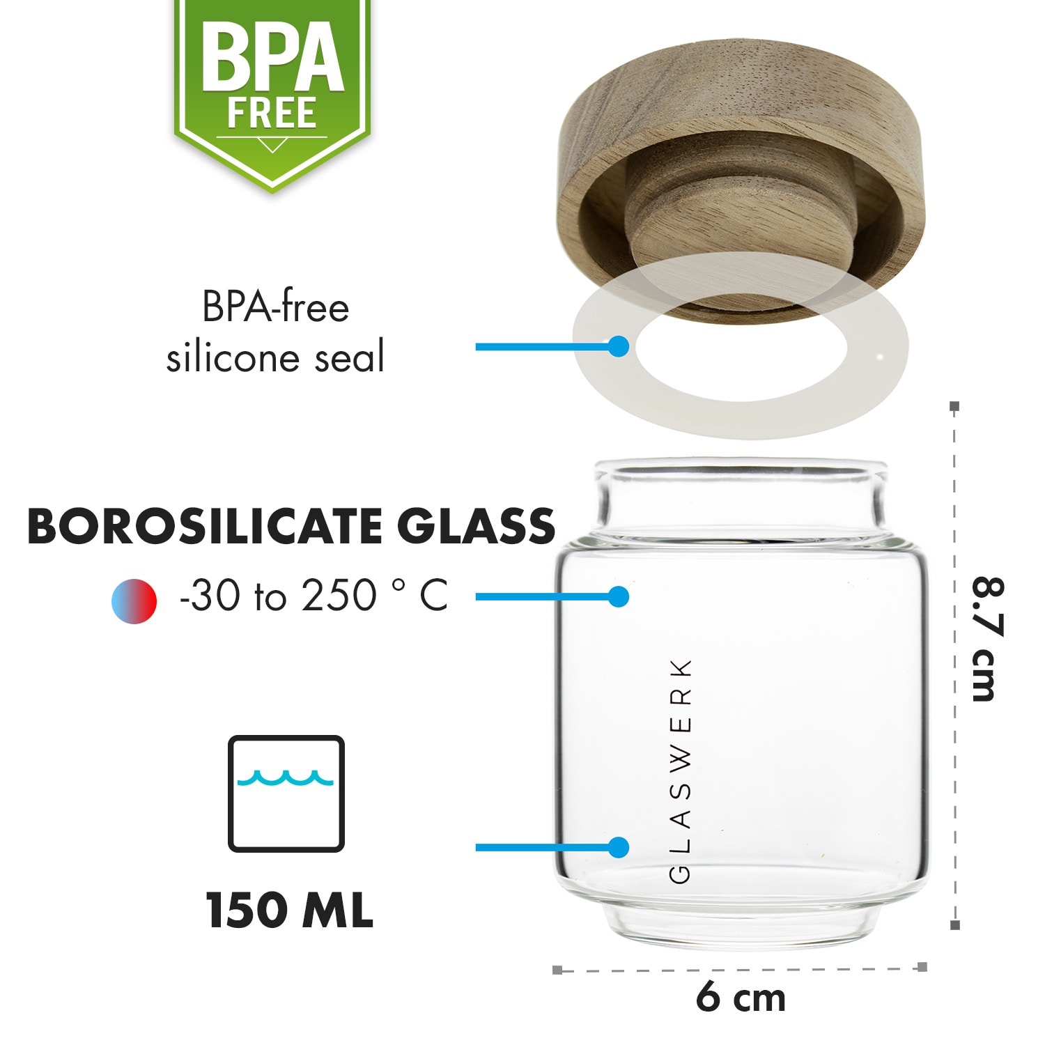Cassia kruidenpotjes 6 st. 130 ml borosilicaatglas houten deksel luchtdicht 