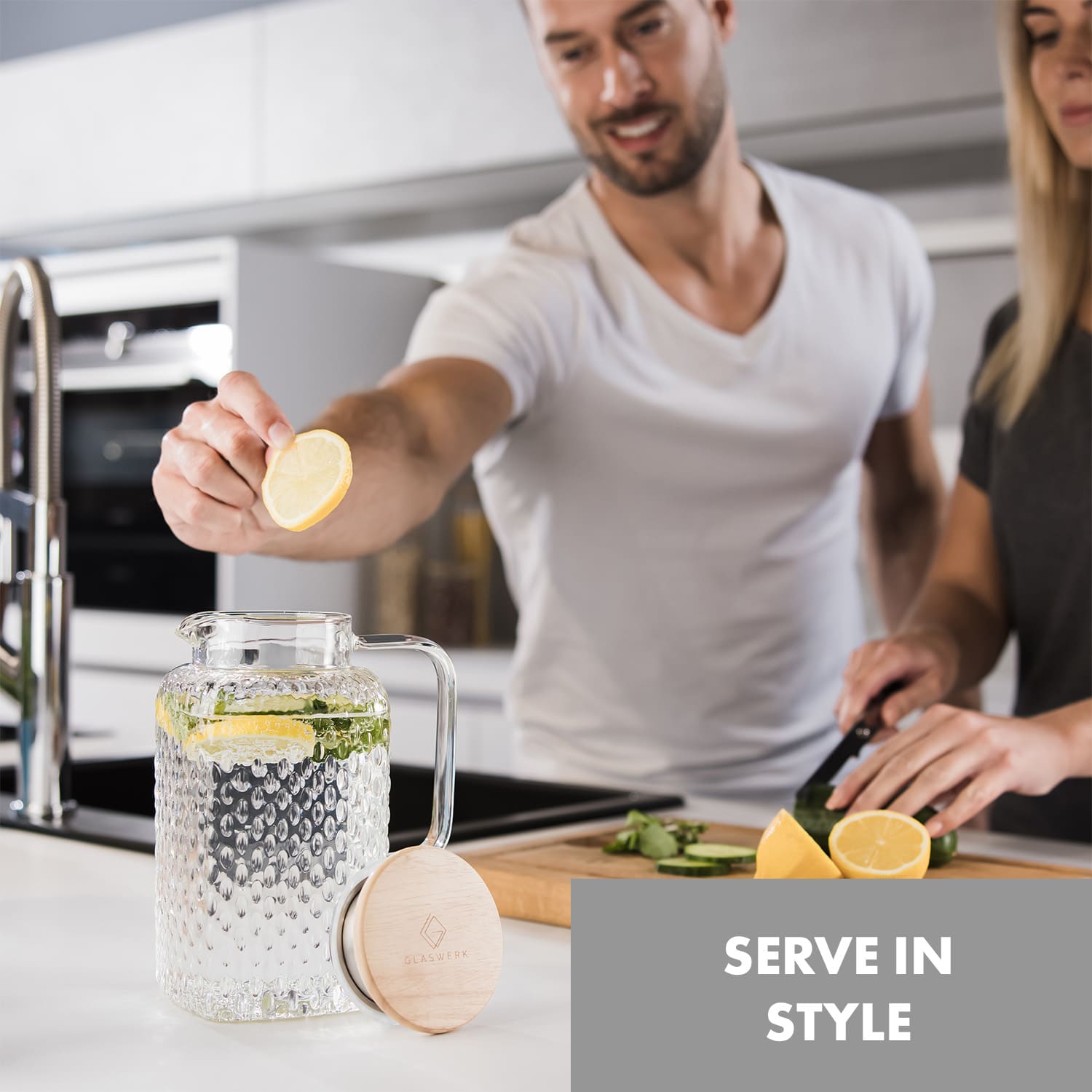 Glaswerk Livenza water jug 1.5 litres borosilicate glass stainless steel strainer lid 1.5 L