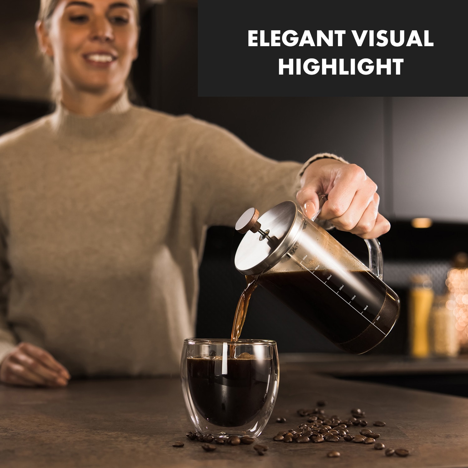 Glaswerk Ristretto French Press 0,35 liter borosilicaatglas rvs walnoothout 350 ml