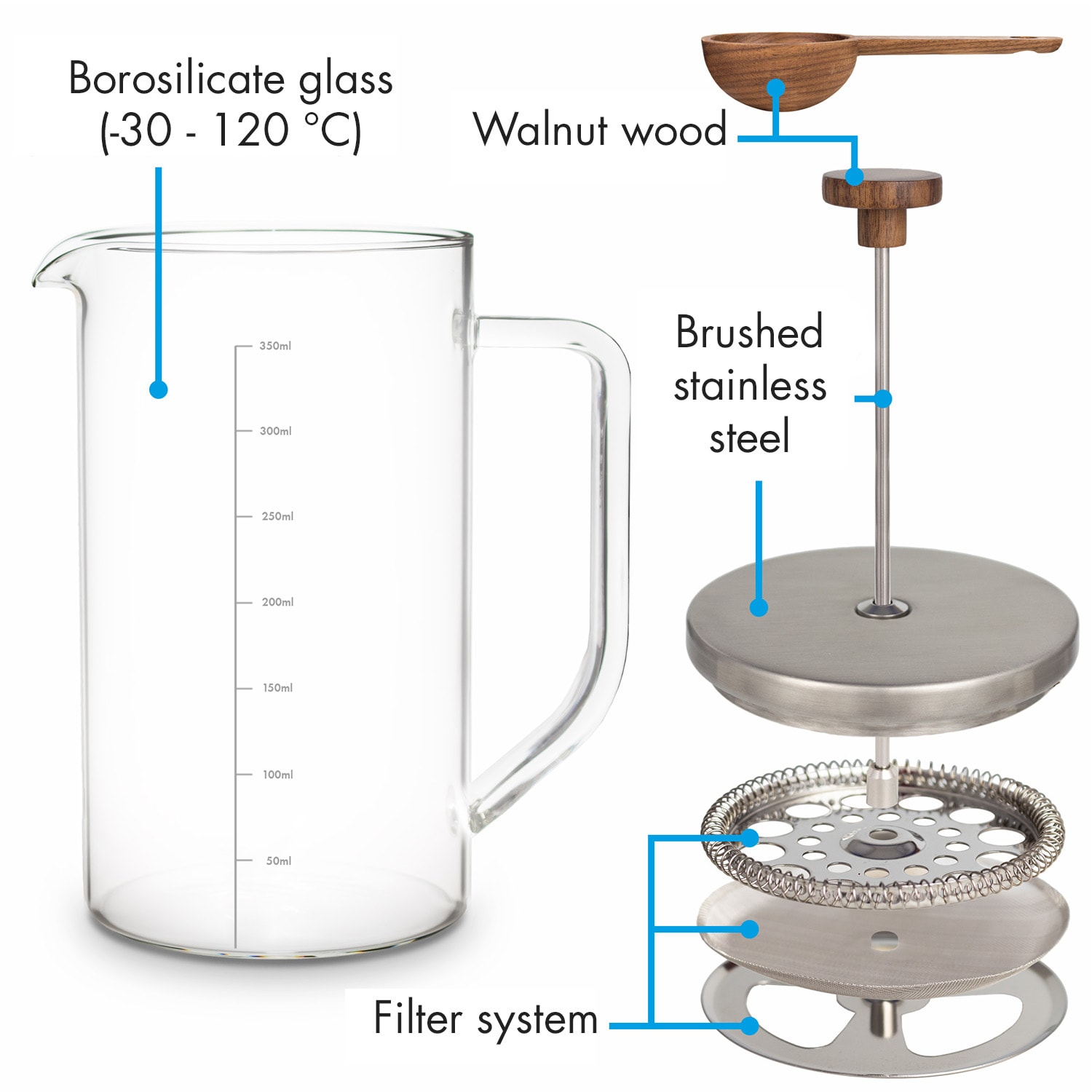 Glaswerk Ristretto French Press 0,35 liter borosilicaatglas rvs walnoothout 350 ml