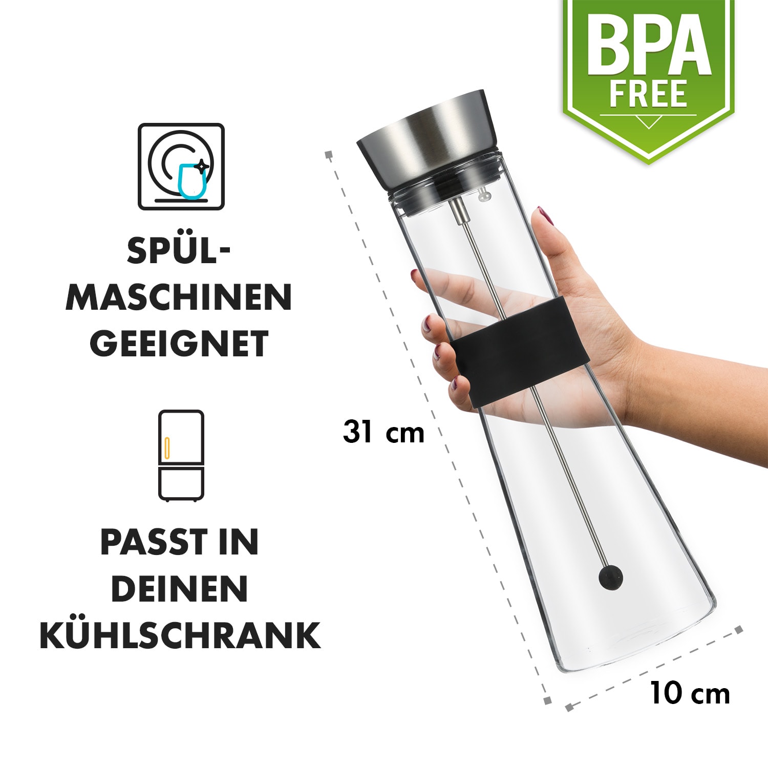 Glaswerk Sile Karaffe 1 Liter Borosilikatglas Fruchtspieß mit Stopper 